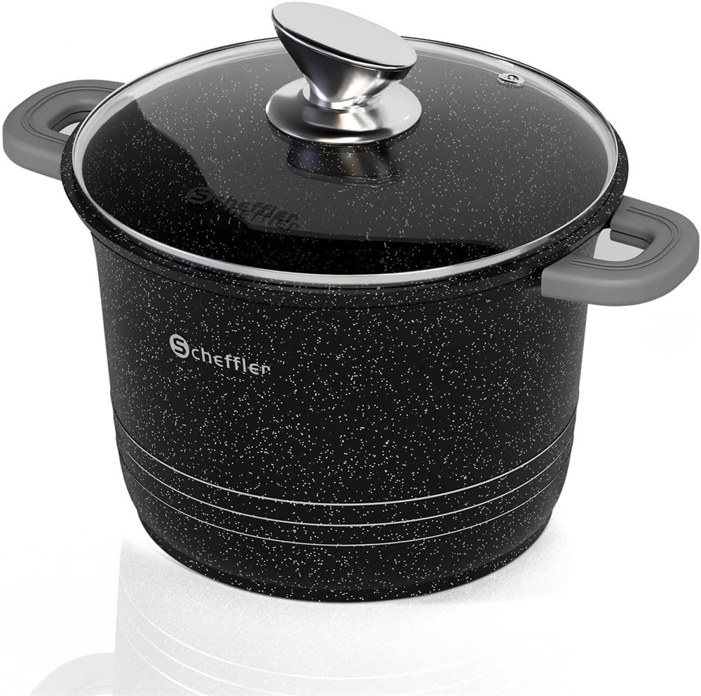 Scheffler Cast Aluminium Cooking Pot with Glass Lid, 24 cm, 6.3 L, Casserole Pot with Non-Stick Coating, Suitable for Induction Cookers, Dishwasher Safe, Black