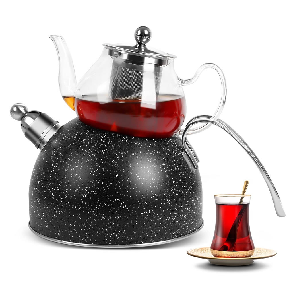 Türkischer Teekocher,Scheffler Teekanne Set,0.8L Teekanne Glas+2.5L Wasserkocher Induktion,Caydanlik, pfeifende Teekanne Induktion, Edelstahl Tea Maker, türkischer Tee, türkische Teekanne, SCH-T021(TB22)