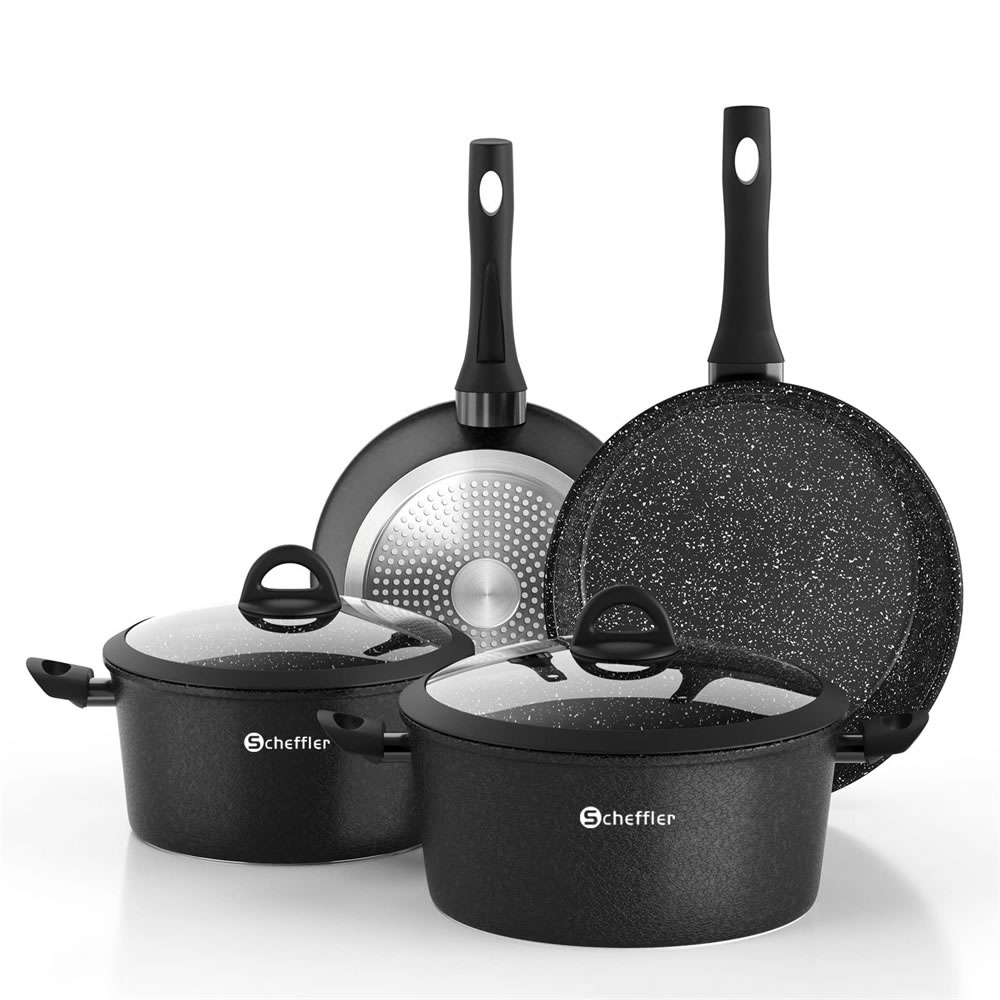 Scheffler Induction Cookware Set with Glass Lid, Pots and Pans with Non-Stick Coating and Real Stone Particles, HL-21PS61