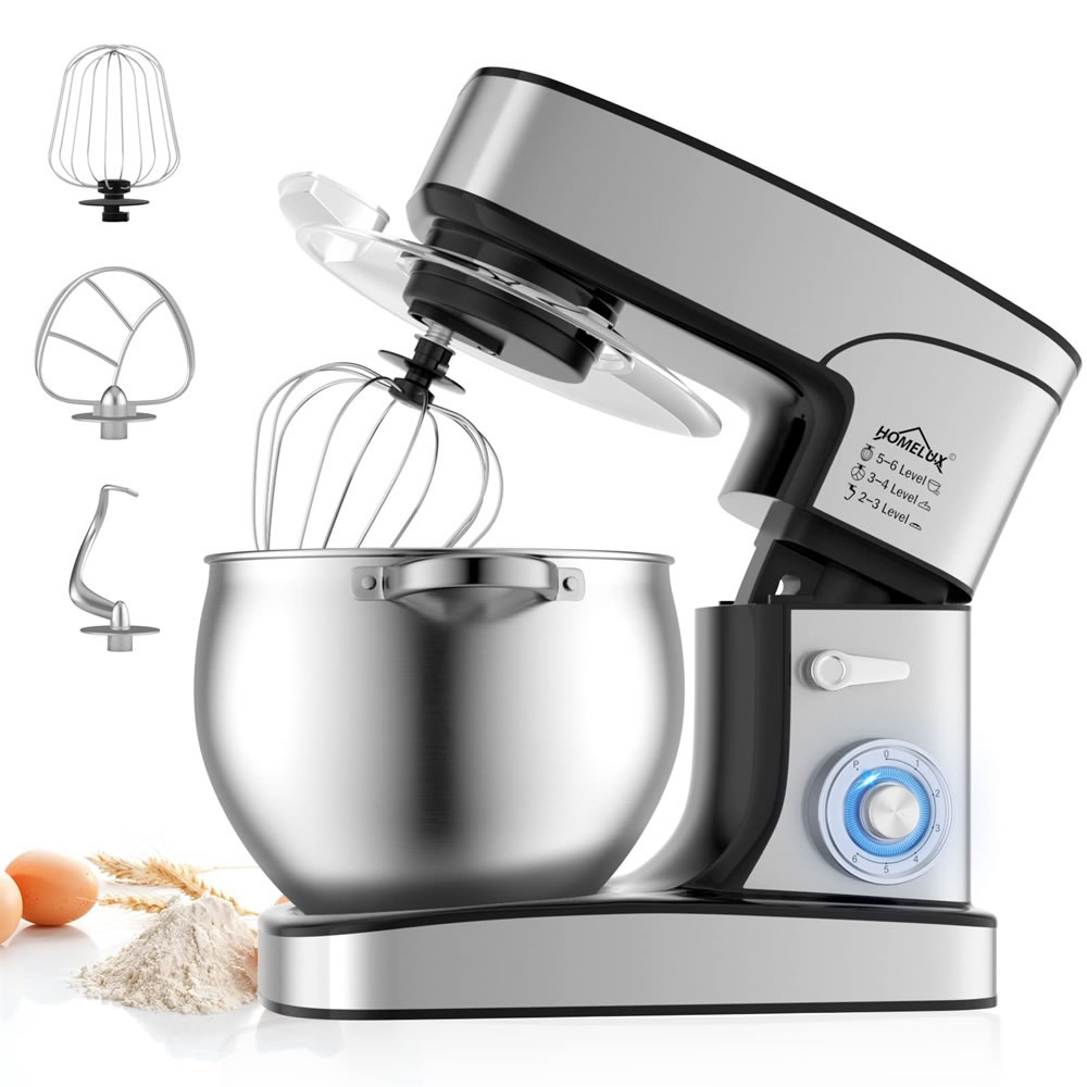 Homelux SC-667 Food Processor 2500 W Kneading Machine, 12 L Food Processor, Dough Machine, 6 Speeds, Includes 3-Piece Patisserie Set and Splash Guard, 6 Speeds with Stainless Steel Bowl