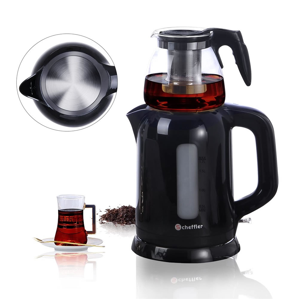 Scheffler Turkish Teapot, Electric Tea Maker, 1.7 L Kettle, 0.9 L Tea Maker, Glass, Tea Maker, Caymatik Tea Maker with Tea Strainer Automatic Shut-Off and Keep Warm Function, 1800 W