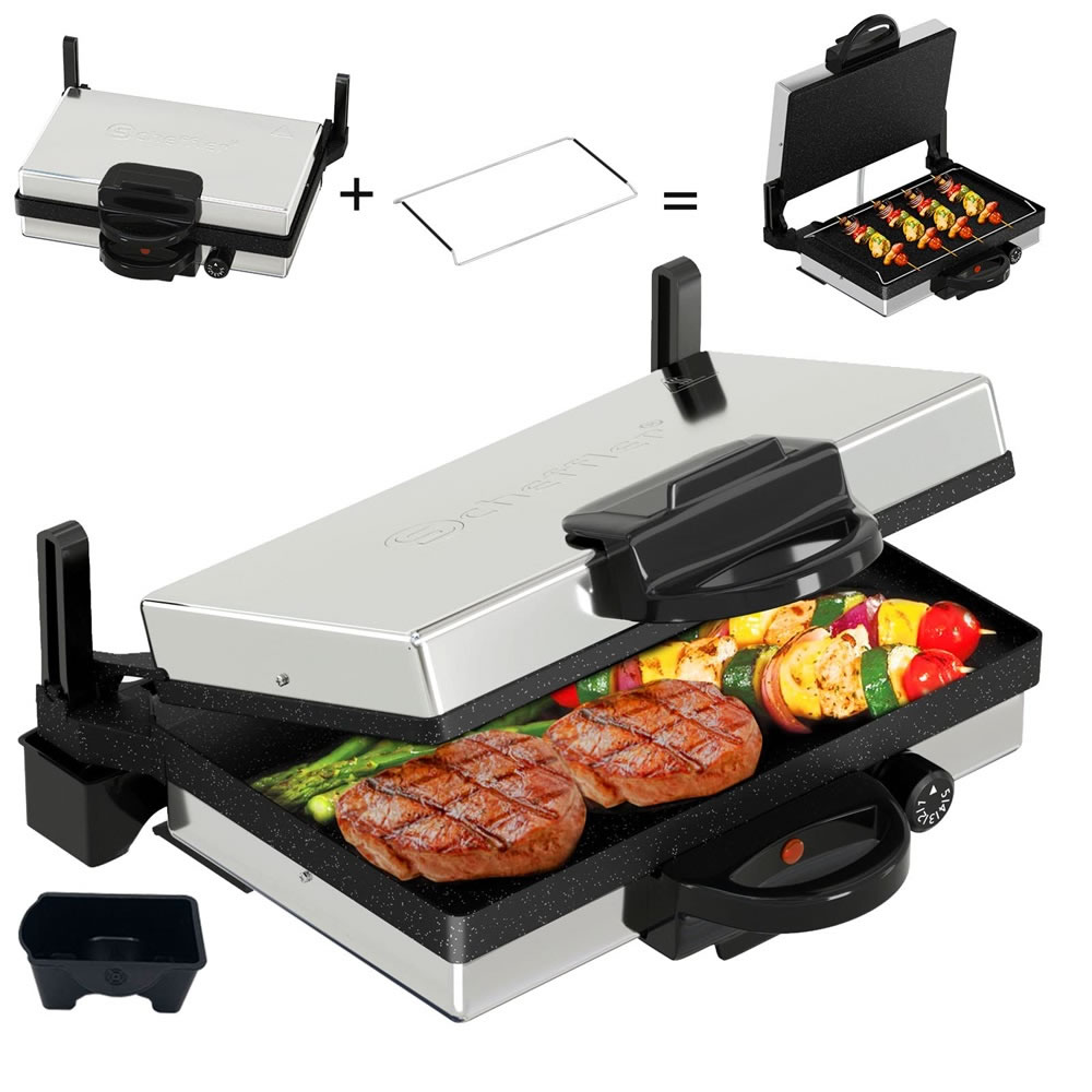 Contact grill, Scheffler 2000 W optigrill, multi grill, Lahmacun Makinasi, grill, toaster, bread machine, stainless steel table grill with grill, bread baking mould, casserole, non-stick coating，HR-001