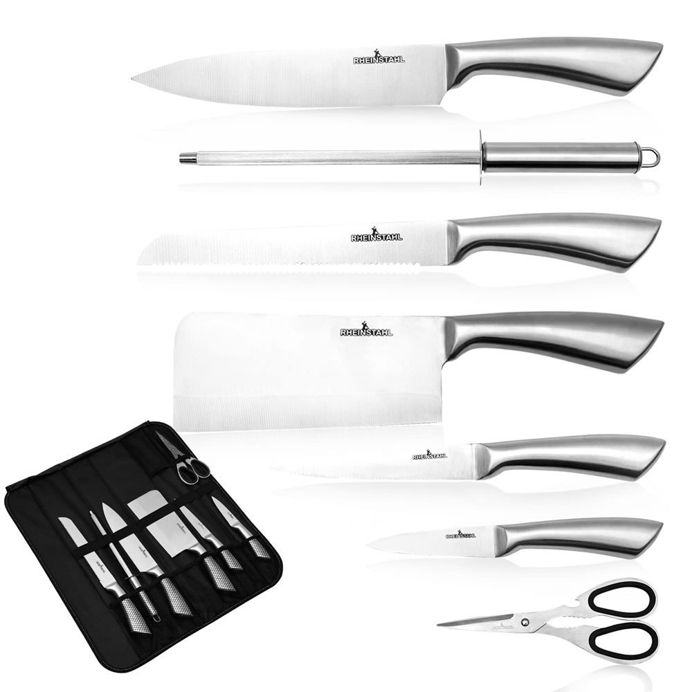 RHEINSTAHL Professional knife set, with 8 pieces, chef's knife with stainless steel, including kitchen scissors, kitchen knife and fruit cutter, bread knife，RS-009S