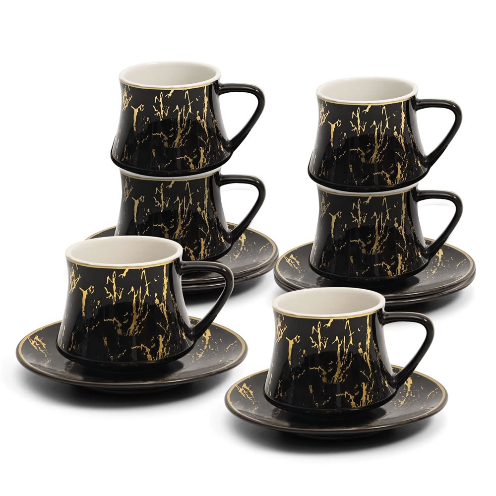 LB LB1186SMB Porcelain Espresso Cups, 100 ml Marble Coffee Cups with Saucer, Large Espresso Set, Black,LB1186SMB