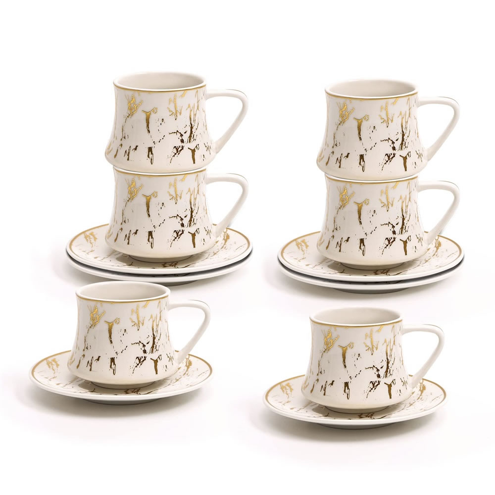 LB LB1186SMW Porcelain Espresso Cups, 100 ml Marble Coffee Cups with Saucer, Large Espresso Set, White