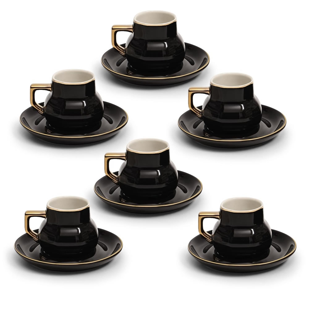 LB Espresso Cups Set with Saucers, Coffee Cups for 6 People, 12-Piece Thick-Walled Cups, 100 ml, Black