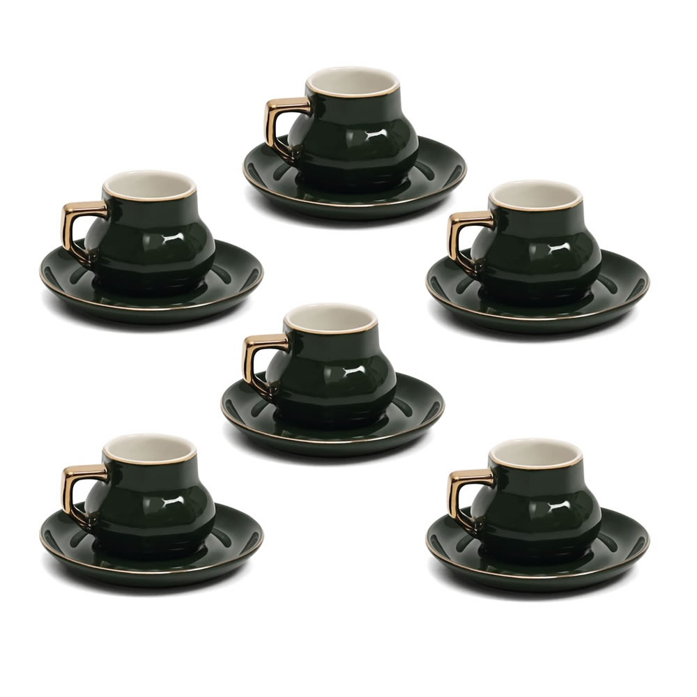 LB Espresso Cups Set with Saucers, Coffee Cups for 6 People, 12-Piece Thick-Walled Cups, Green