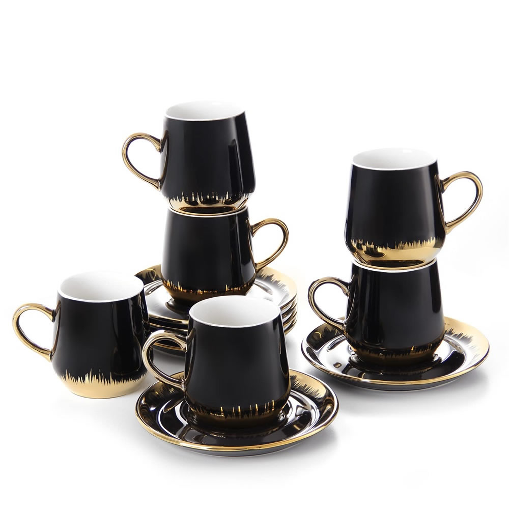 LB Cappuccino Cups Set [6 x 200 ml] Espresso Cups Set with Saucer Porcelain Coffee Cups with Saucer Cappuccino Coffee Cups Black Espresso Cups