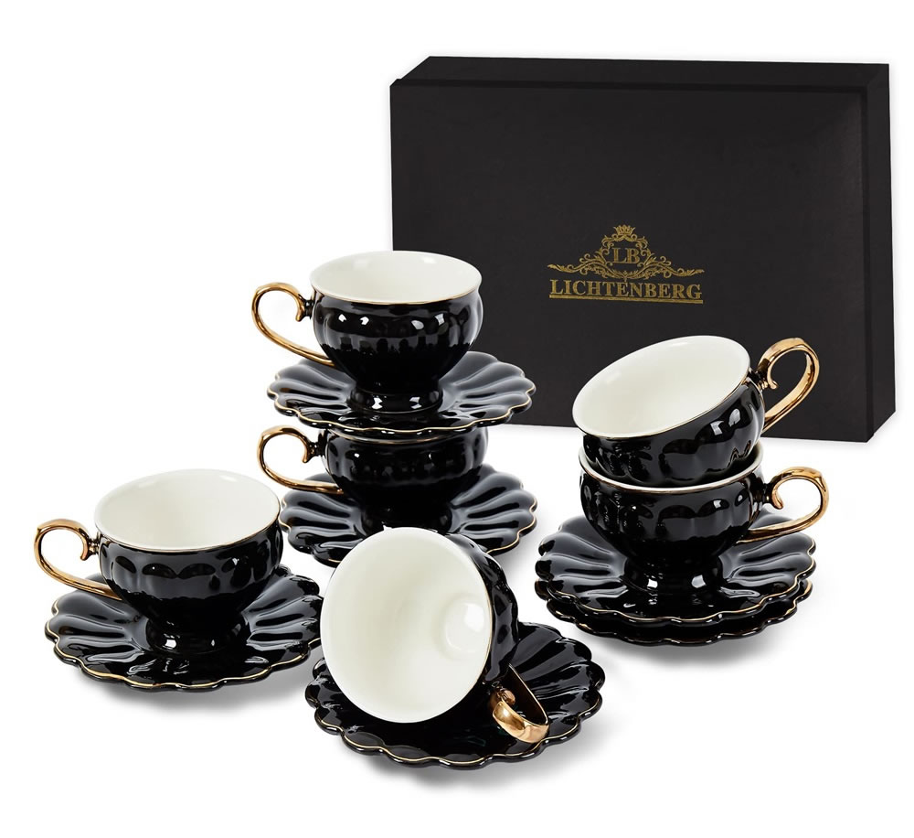 LB LB114WFB Espresso Cups Set, 12-Piece Espresso Cups Set, 90 ml Thick-Walled Coffee Cups with Saucer