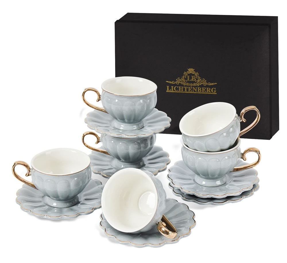 LB Espressotassen, 12-teilig Espressotassen Set, 90 ml Dickwandige Kaffeetassen mit Untertasse (Grau)