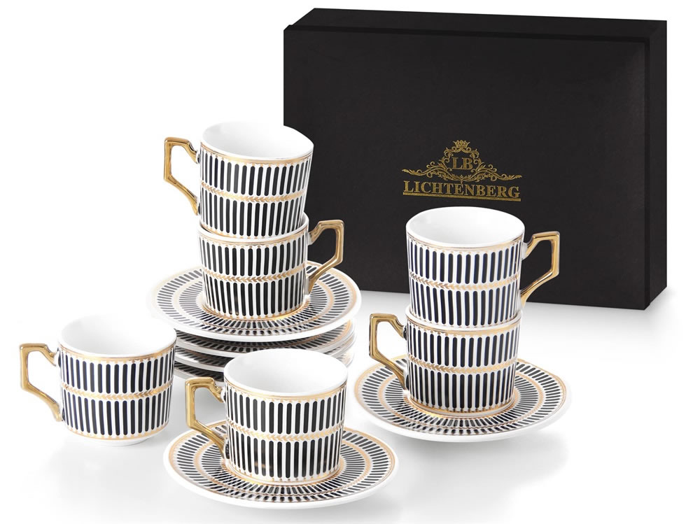 LB Espresso Cups, 90 ml, 12-Piece Turkish Porcelain Coffee Cups, Thick-Walled Espresso Cups with Saucers，LB114BL、LB114SL