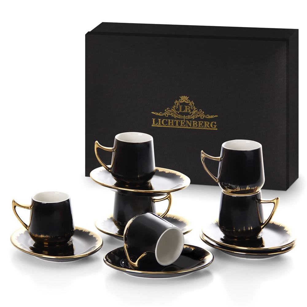 LB LB114PSB Espresso Cups Set Cappuccino Cups Set with Saucer Coffee Cup Porcelain 100 ml Espresso Cups Black