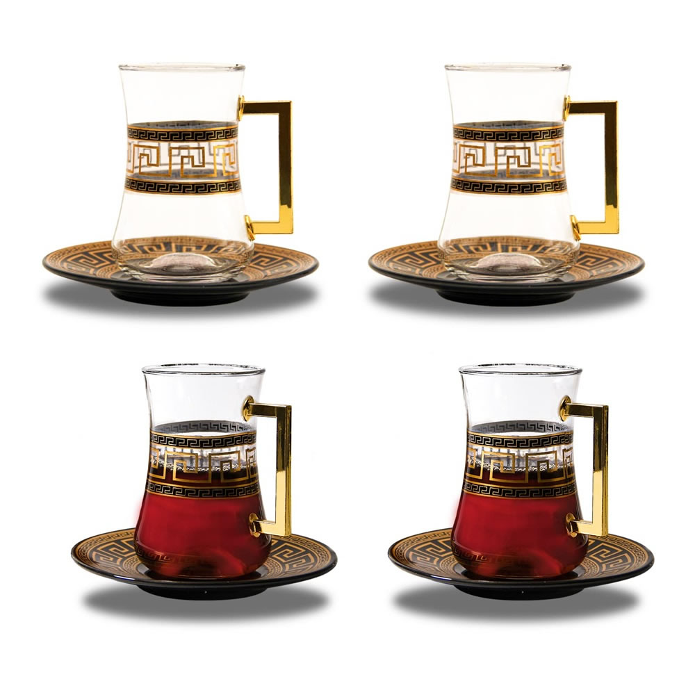 LB LB1184SG 8-Piece Turkish Tea Set, Glass Turkish Tea Glasses Set with Saucer for 4 People, 4 Tea Glasses, 4 Coasters, Complete Set