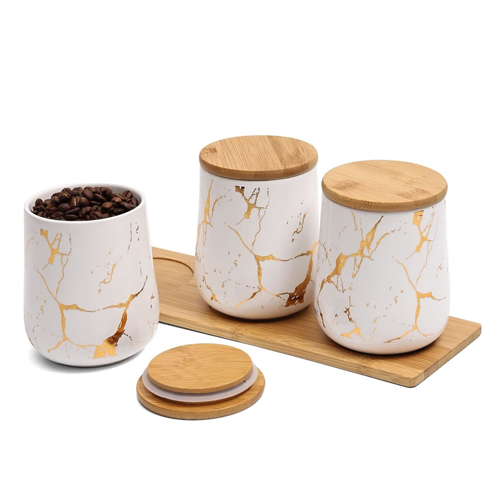 LB Ceramic Storage Jar 700 ml with Bamboo Lid, Silicone Ring and Real Wood Tray, Storage Container for Coffee, Tea, Spices and Nuts