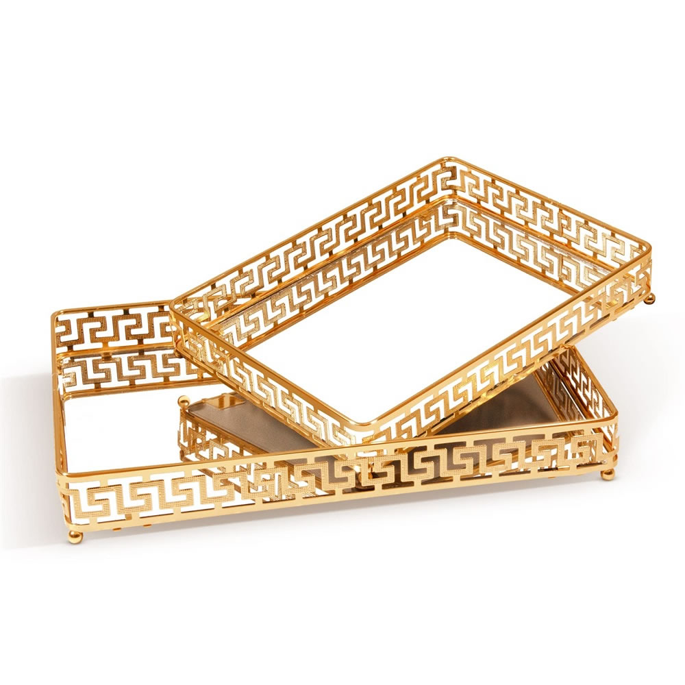 LB LICHTENBERG Make Up Organiser Gold Tray Set of 2 Decorative Tray Cosmetic Tray Square Dressing Table Organiser Multi-Purpose Mirror Tray Set