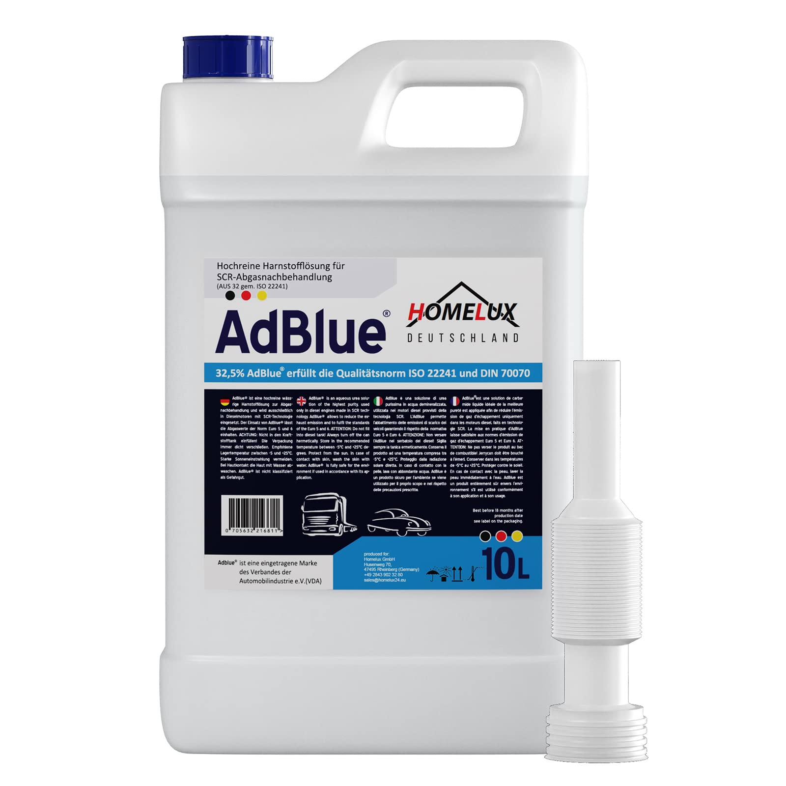 Homelux AdBlue® 10L HarnstofflöSung nach ISO 22241 | DIN 70070 für die SCR-Abgasnachbehandlung bei Diesel Fahrzeugen Hochreine HarnstofflöSung