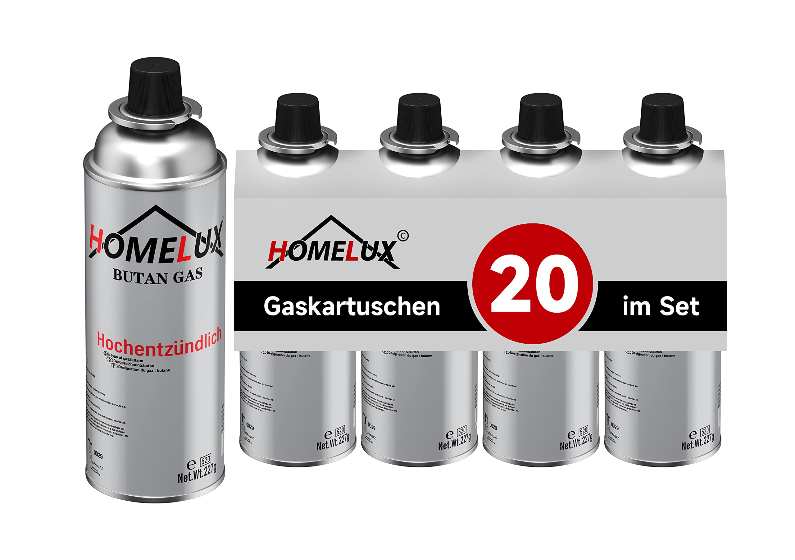 Homelux 20 x Gaskartuschen 227g, Camping Butan Gas, Butangas Kartusche Typ MSF-1a, Gasflasche für Gaskocher Campingkocher Bunsenbrenner Lötbrenner