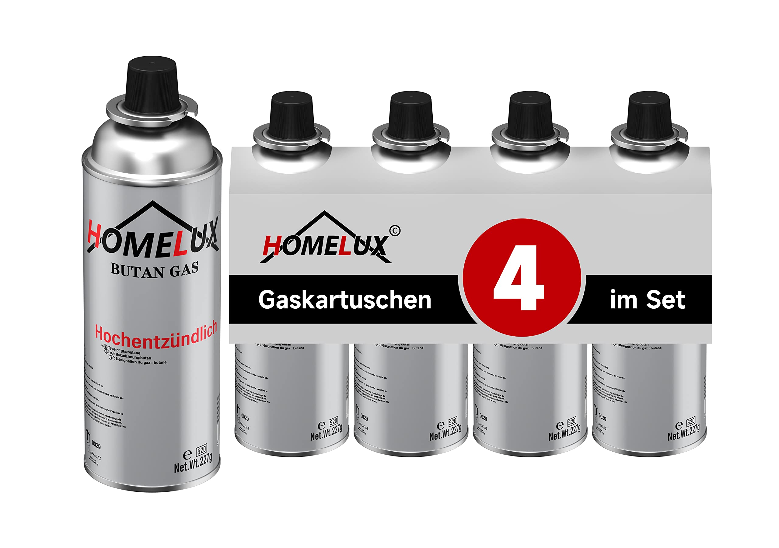 Homelux 4 x Gaskartuschen 227g, Camping Butan Gas, Butangas Kartusche Typ MSF-1a, Gasflasche für Gaskocher Campingkocher Bunsenbrenner Lötbrenner