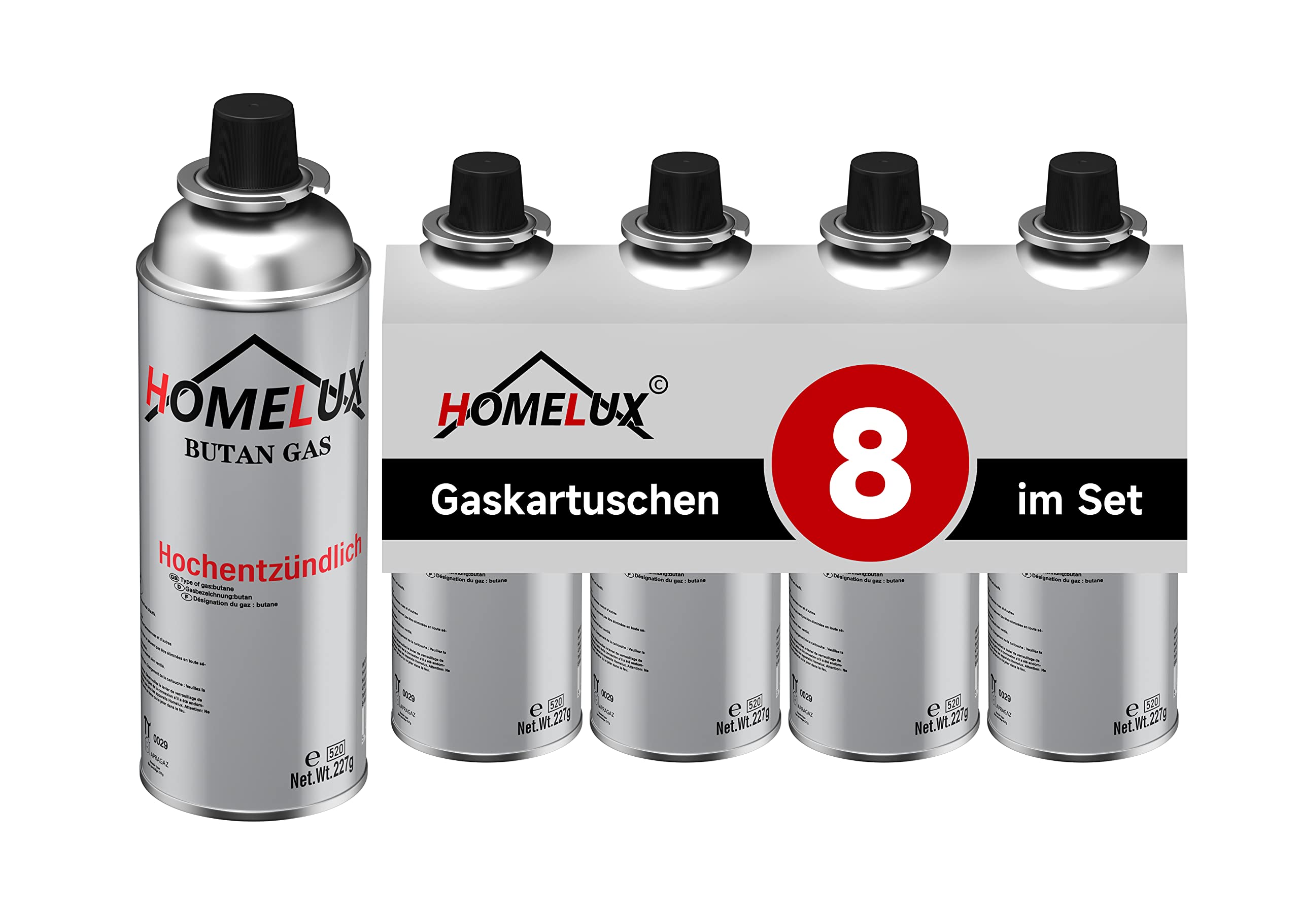 Homelux 8 x Gaskartuschen 227g, Camping Butan Gas, Butangas Kartusche Typ MSF-1a, Gasflasche für Gaskocher Campingkocher Bunsenbrenner Lötbrenner