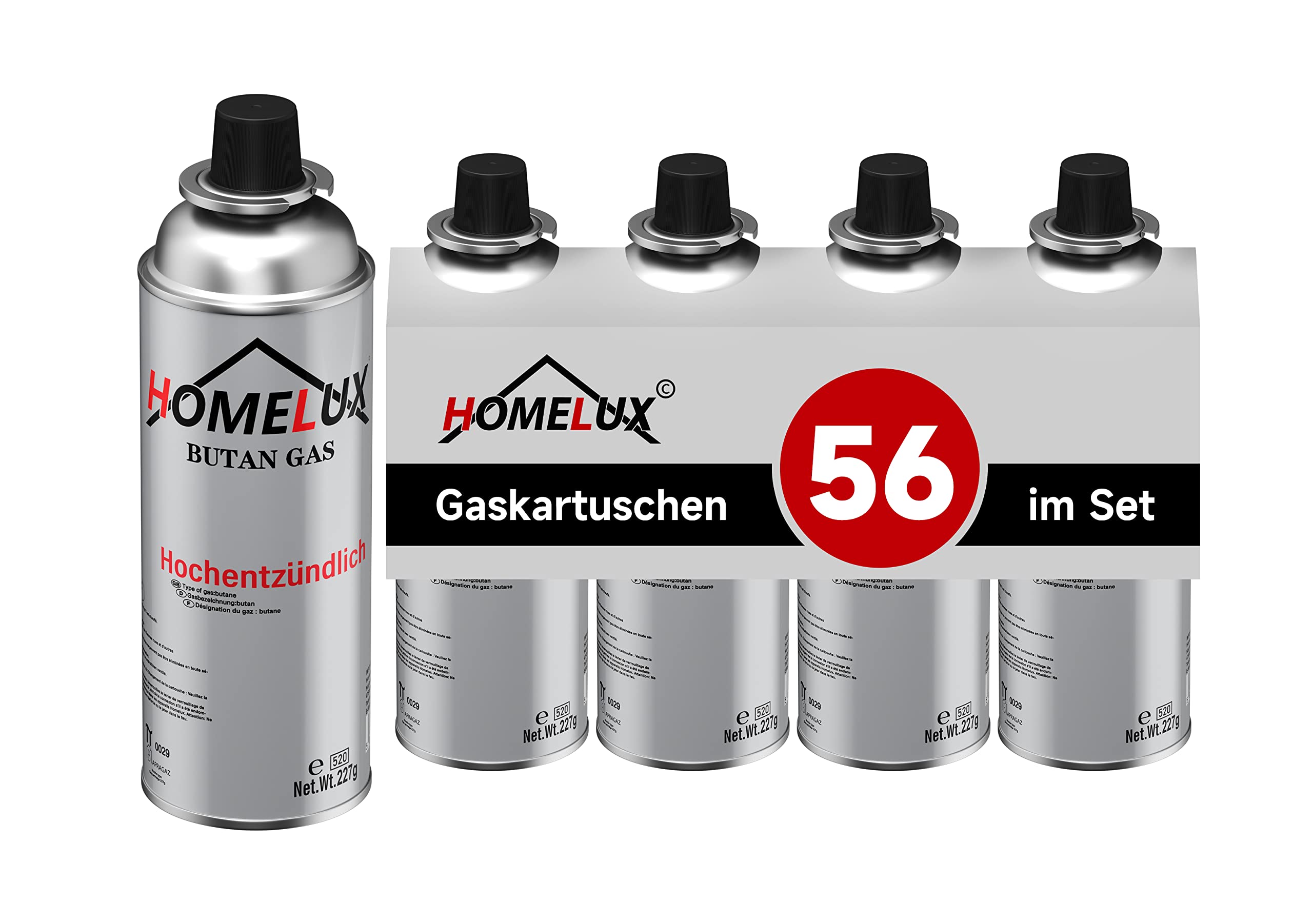 Homelux 56 x Gaskartuschen 227g, Camping Butan Gas, Butangas Kartusche Typ MSF-1a, Gasflasche für Gaskocher Campingkocher Bunsenbrenner Lötbrenner