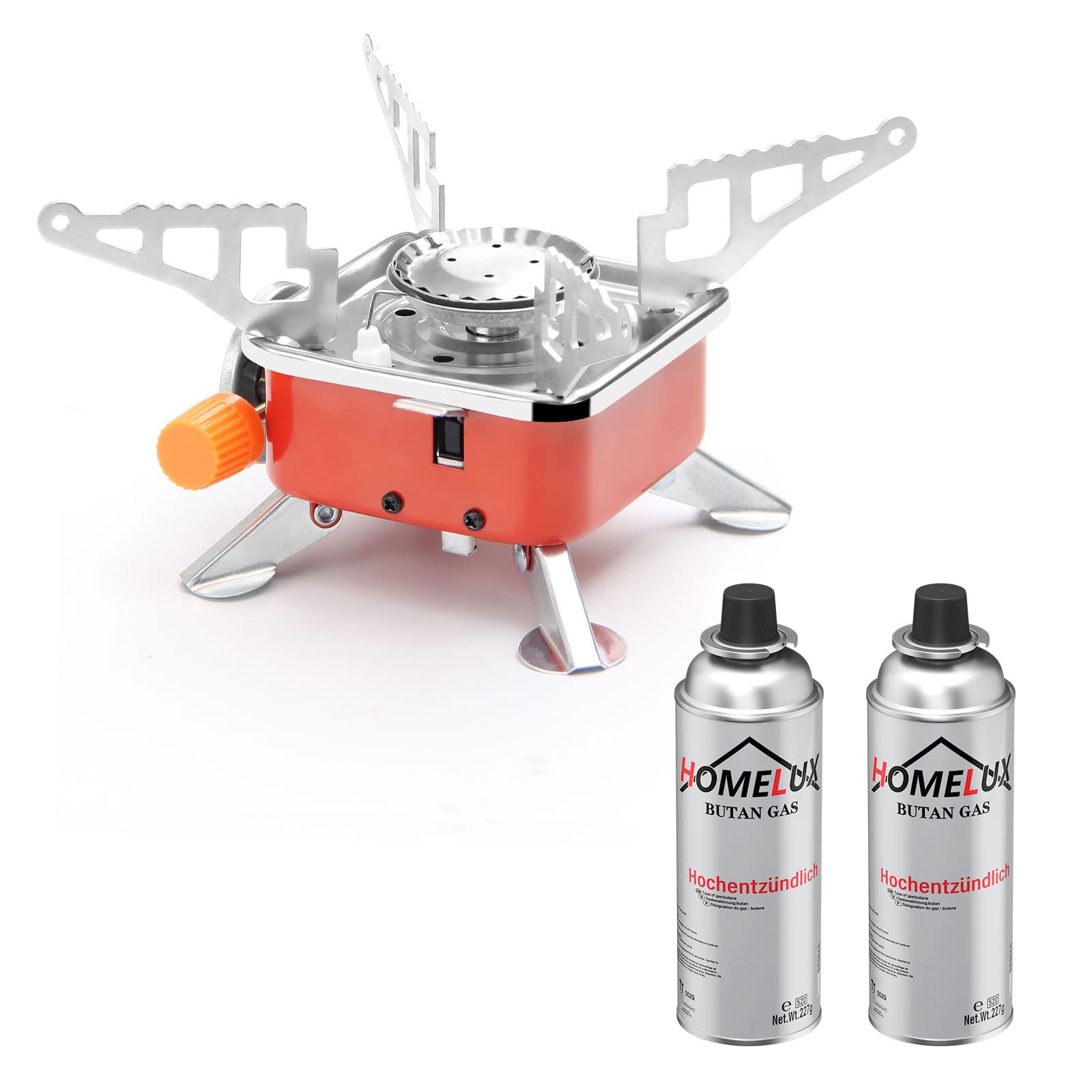 Homelux Gas Stove Portable Camping Stove with 2 Gas Cartridges Foldable Camping Gas Stove 4000 W Camping Stove with Piezo Ignition for Hiking Picnic Outdoor