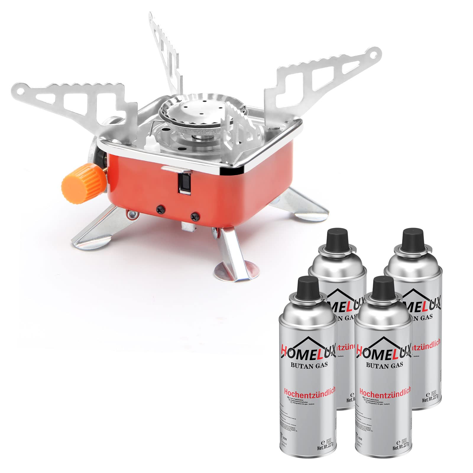 Homelux Gas Stove Portable Camping Stove with 4 Gas Cartridges Foldable Camping Gas Stove 4000 W Camping Stove with Piezo Ignition for Hiking Picnic Outdoor