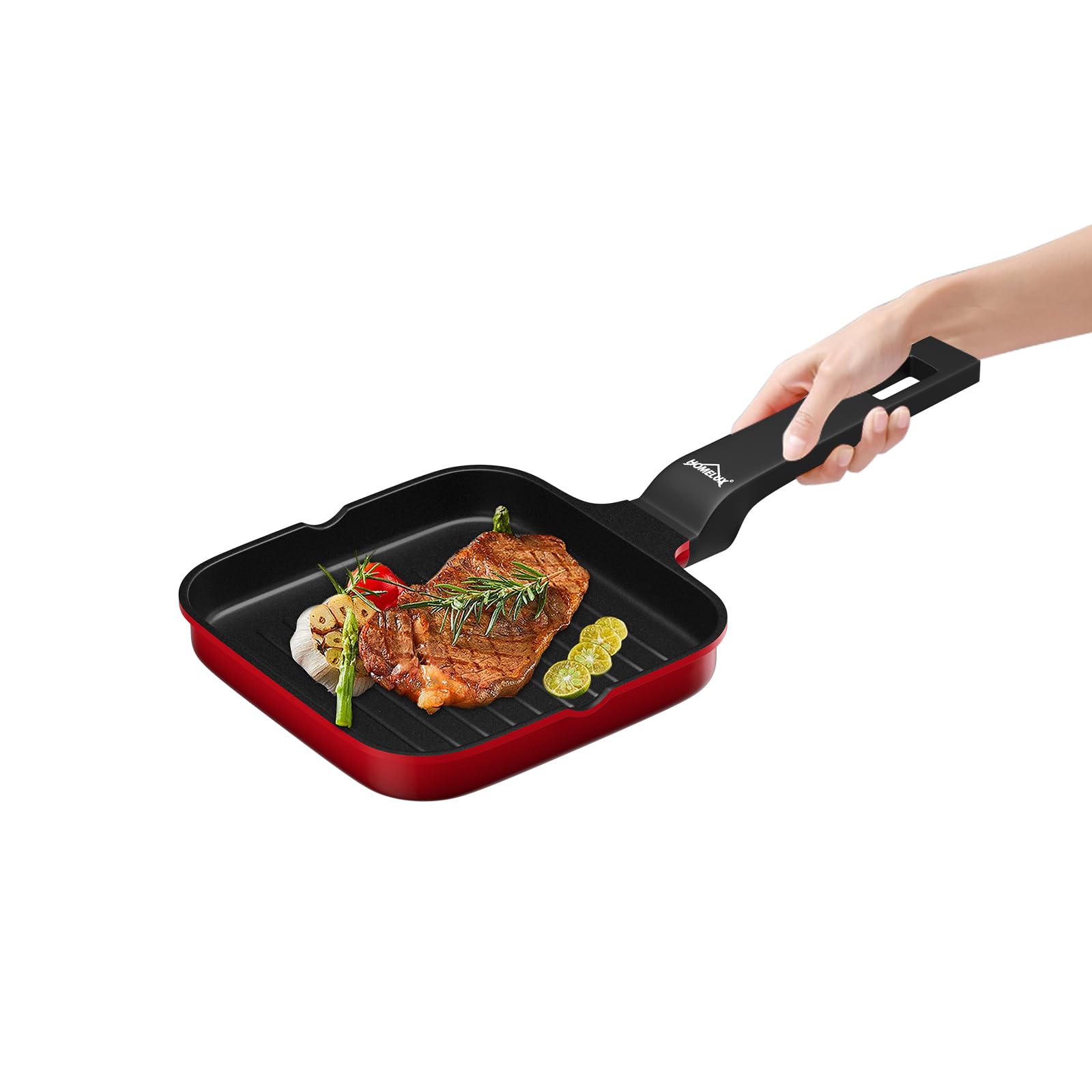 HOMELUX Grill Pan, 14 cm, Non-Stick Frying Pan with Spout, Steak Pan Induction Coated Pan, All Hob Types Including Induction, Grease-free Frying，H-KGP14