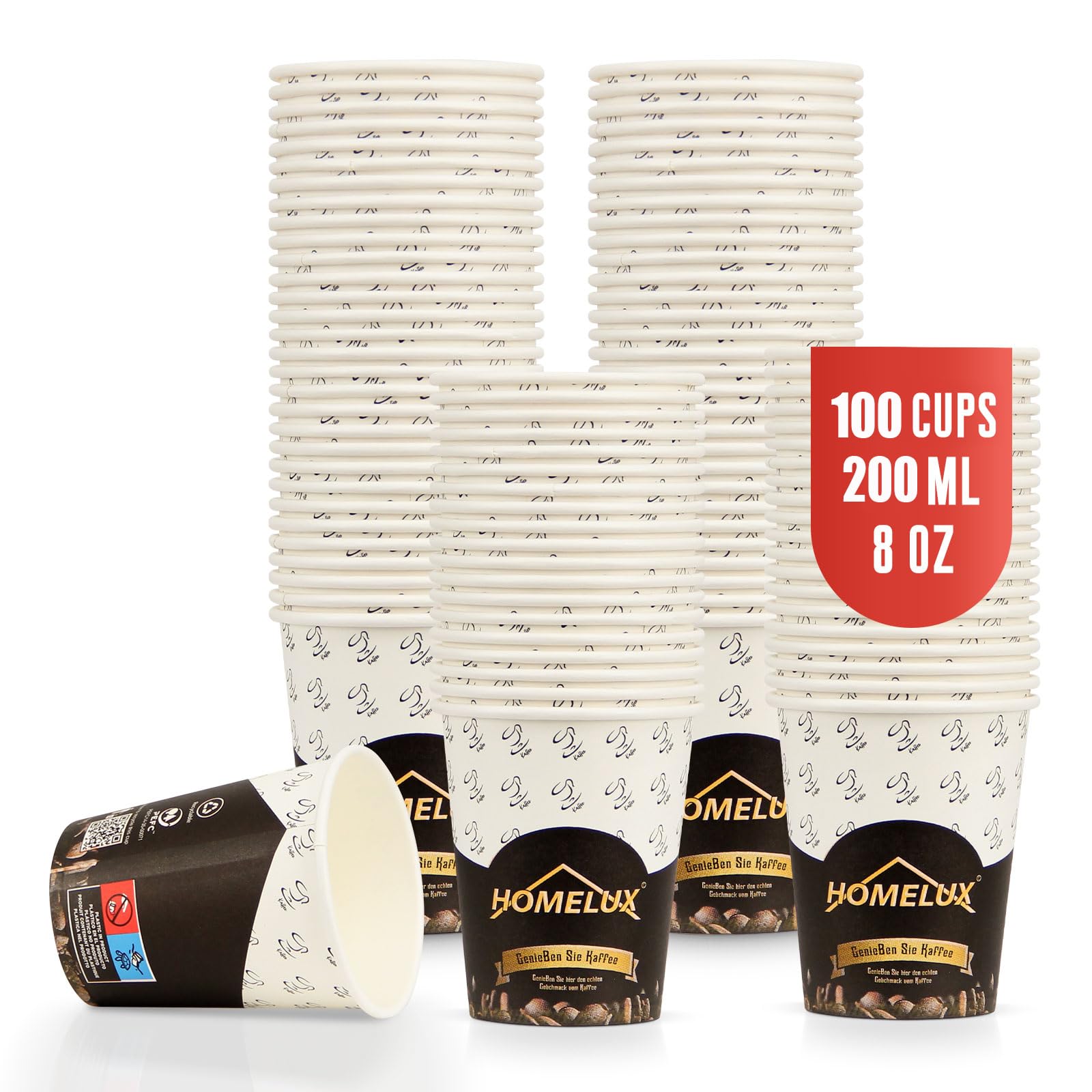 Homelux Coffee Cups Coffee To Go Cups 200 ml 8 oz Pack of 100 Coffee Cups Paper Cups Disposable Cups Coffee for Hot Drinks Heat Resistant Unbleached, H-CU002