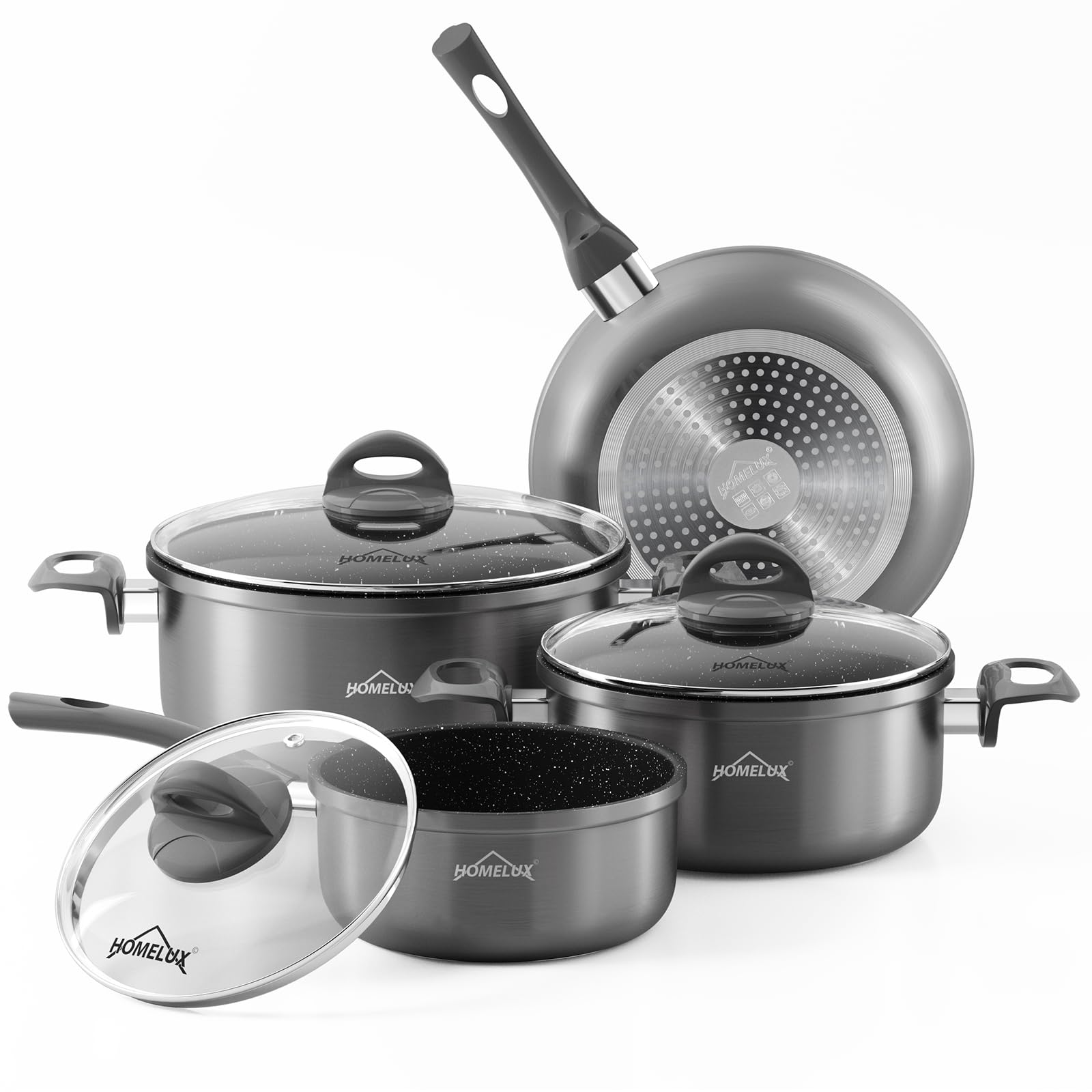 HOMELUX 7-Piece Induction Pot Set, Induction Pots Set, Pots with Glass Lid, Cooking Pot Set, Pots and Pans Set, Suitable for Induction Cookers