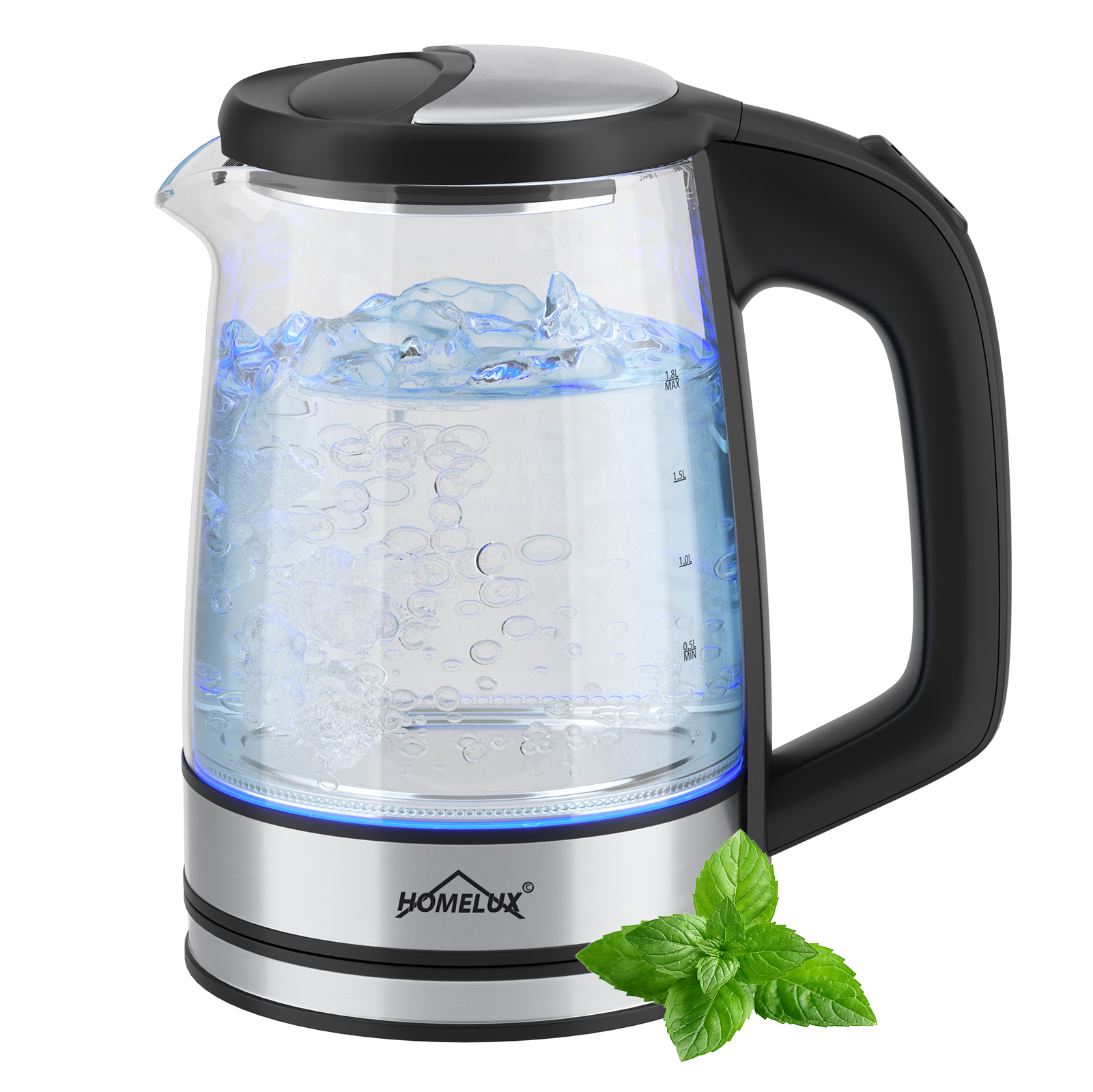 HOMELUX Wasserkocher Wasserkocher Glas 1500 Watt 1,8 L, Electric Kettle Mit Led-Beleuchtung, 1.8 l, 1500,00 W, Glas wasserkocher Edelstahl, Wasser Kocher Bpa Frei, 360° Basis，YQ-309