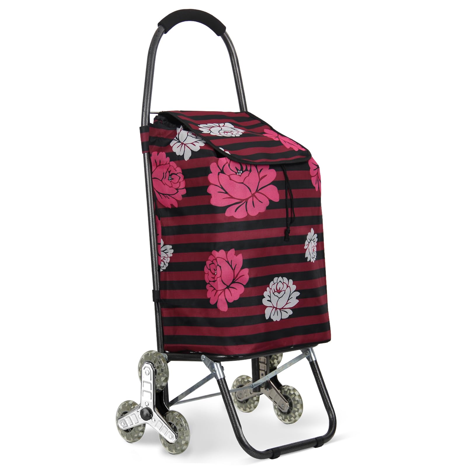 Einkaufstrolley, HOMELUX klappbar, Stabiler Einkaufswagen, große Kapazität, multifunktional, Handwagen mit Rollen, abnehmbare Tasche, Rot Blume STC02B2