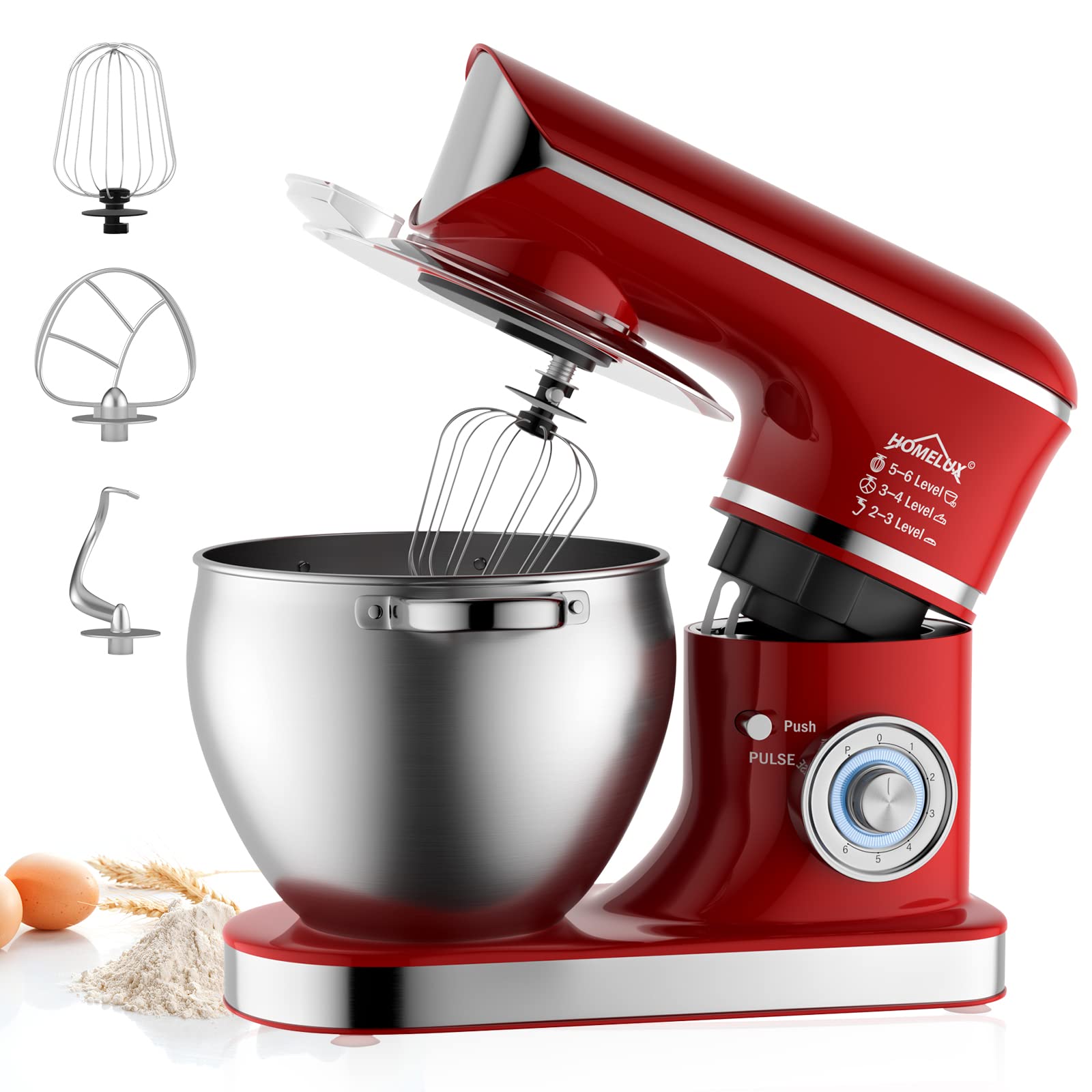 Homelux Food Processor 2000 W Kneading Machine, 8.5 L Food Processor, Dough Machine, 6 Speeds, Includes 3-Piece Patisserie Set and Splash Guard, 6 Speeds with Stainless Steel Bowl, 626 Red