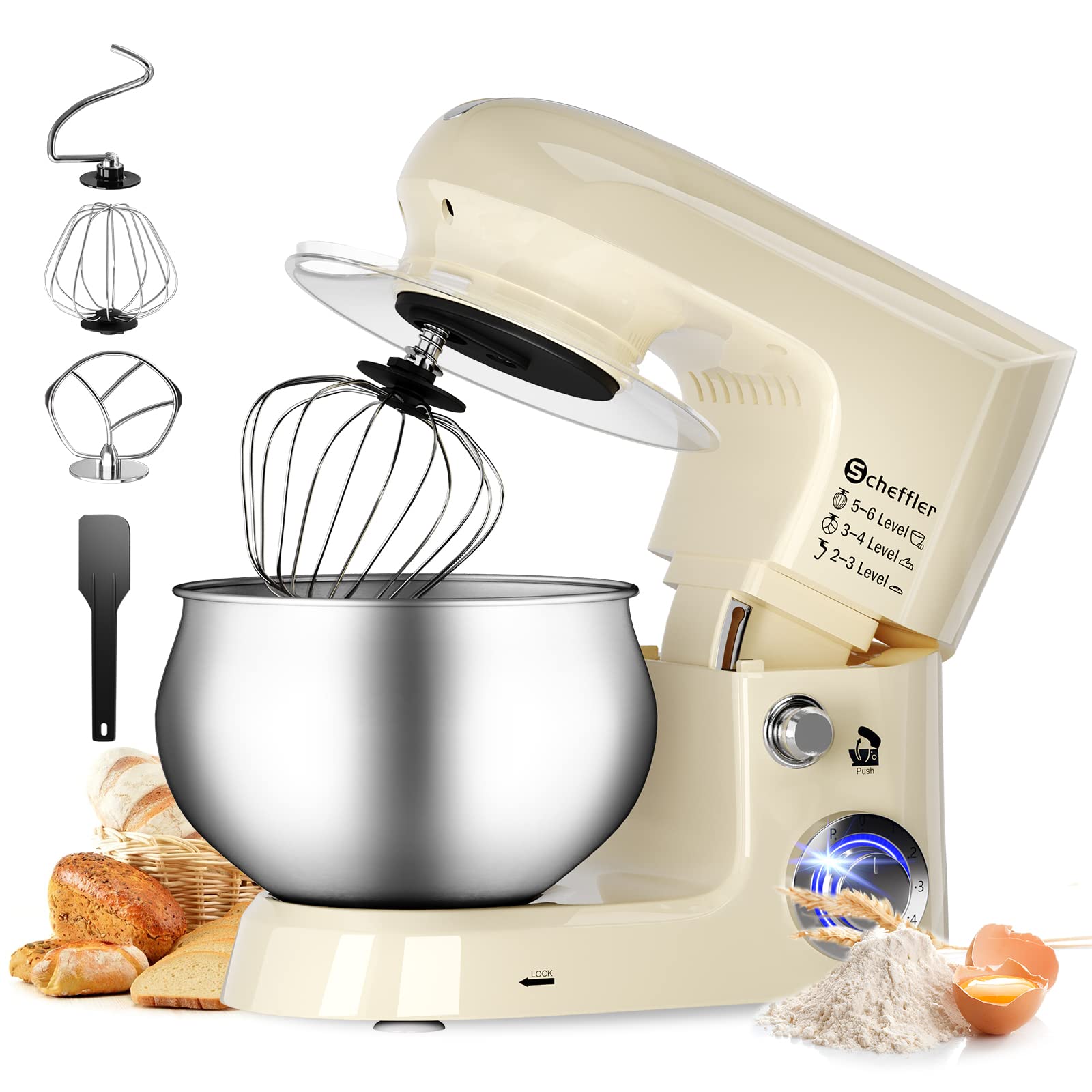 Scheffler SC 637-Cream 2000 W Food Processor, 5 L Stainless Steel Bowl Kneading Machine with 6 Speed Levels, Dough Machine with Whisk, Dough Hook, Beater and Splash Guard