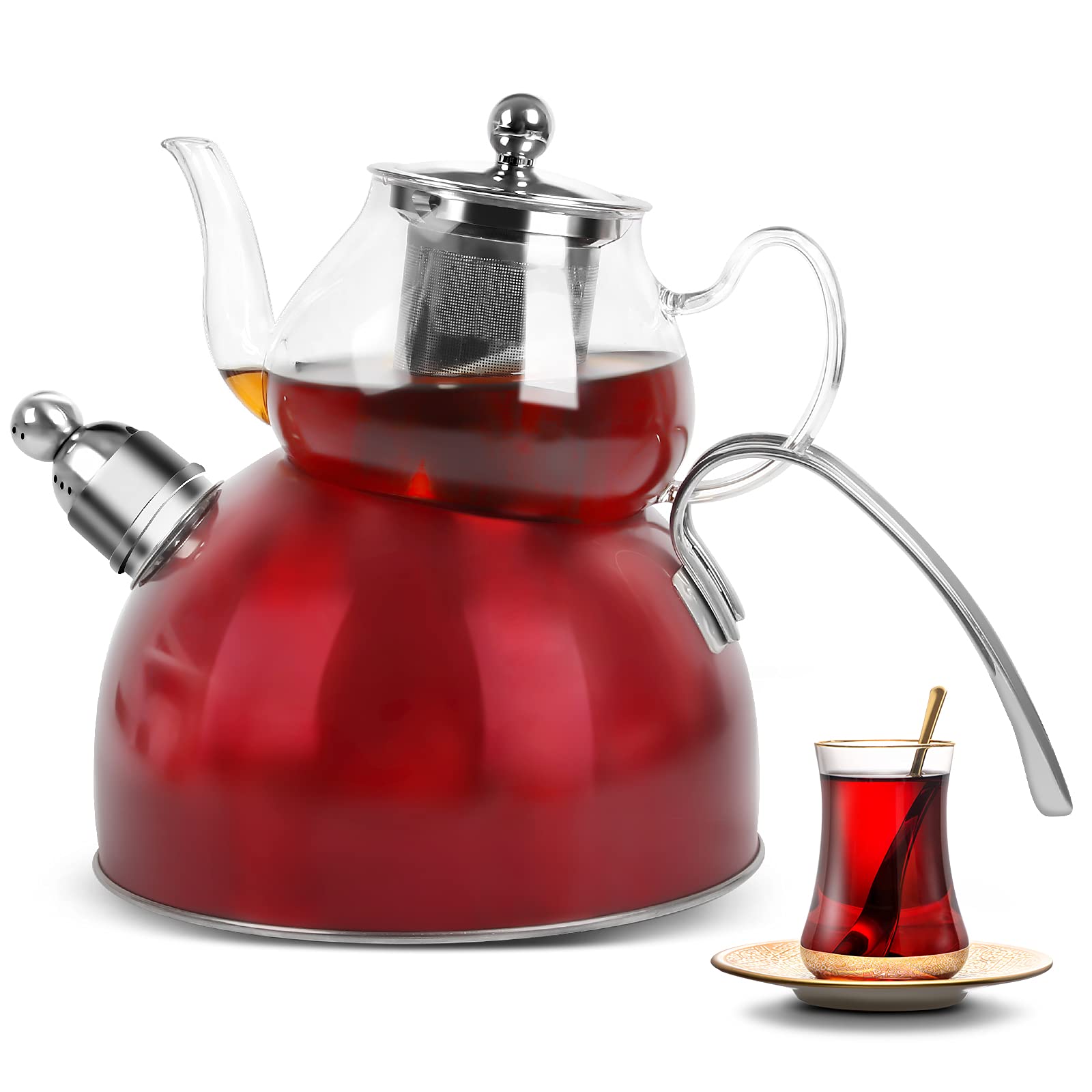 Scheffler Turkish Teapot Set, 0.8 L Glass Teapot + 2.5 L Kettle Induction, Caydanlik, Whistling Teapot Induction, Stainless Steel Tea Maker, Turkish Teapot, Red