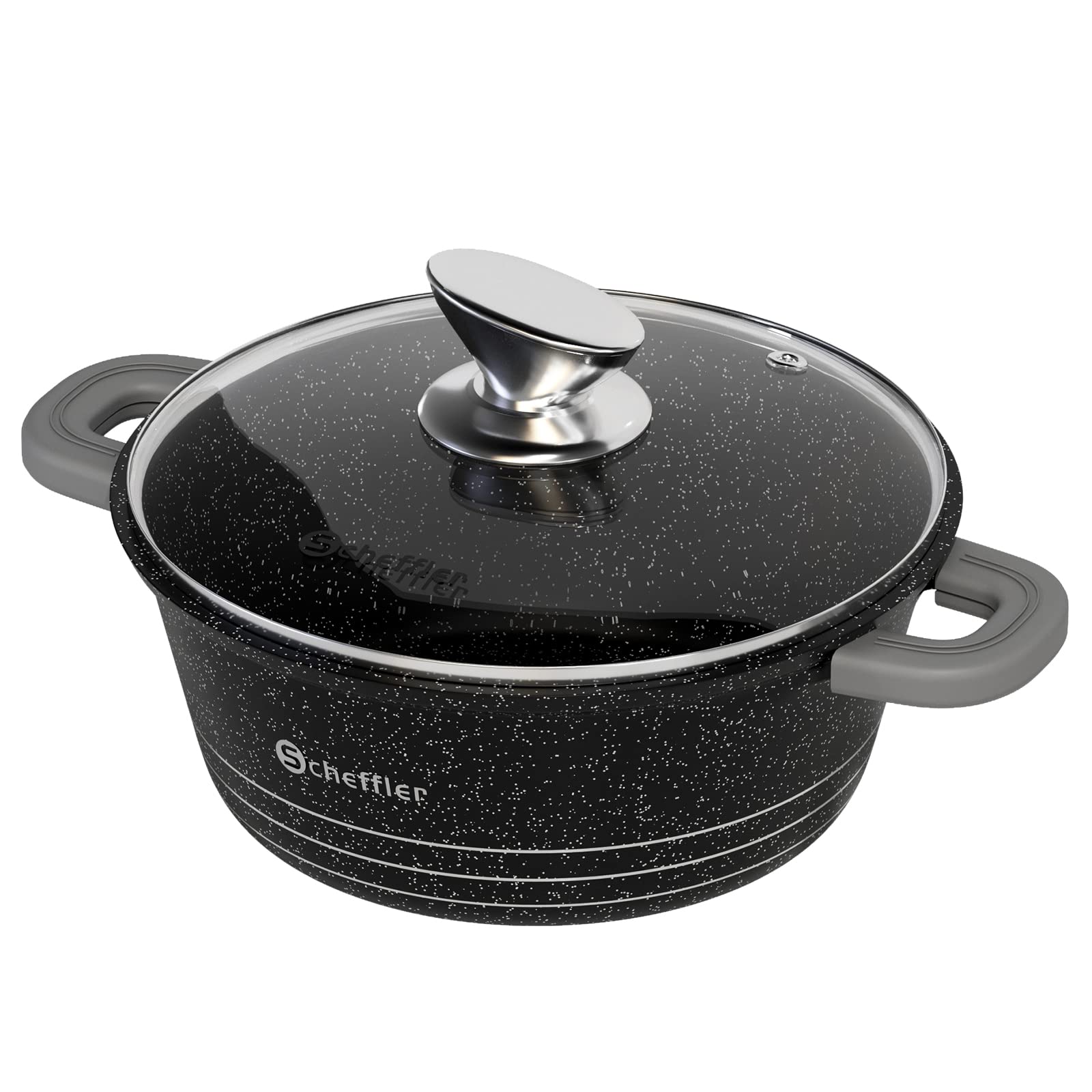 Scheffler Saucepan 28 cm 6 L with Glass Lid, Casserole Pot with Non-Stick Coating, Induction Stewing Pan, Cast Aluminium, 2 Silicone Handle Protectors, Dishwasher Safe, for All Types of Cookers, Black