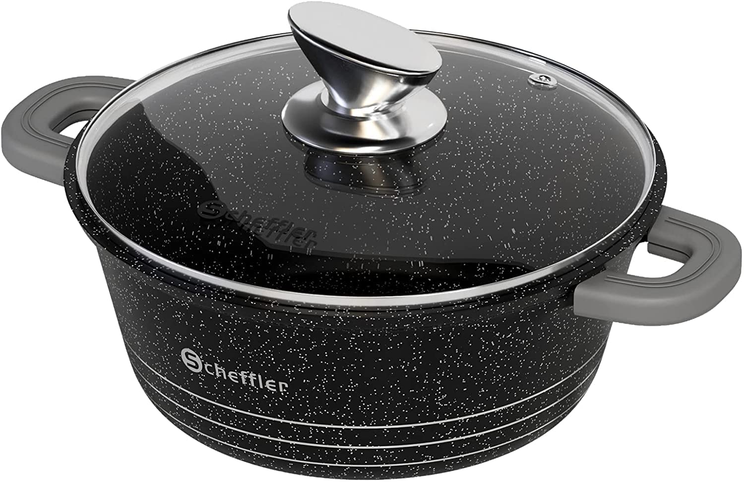 Scheffler Saucepan 24 cm 4 L with Glass Lid, Dutch Oven with Non-Stick Coating, Induction Stewing Pan, Cast Aluminium, 2 Silicone Handle Protectors, Dishwasher Safe, for All Types of Cookers, Black，TG1624-24cm