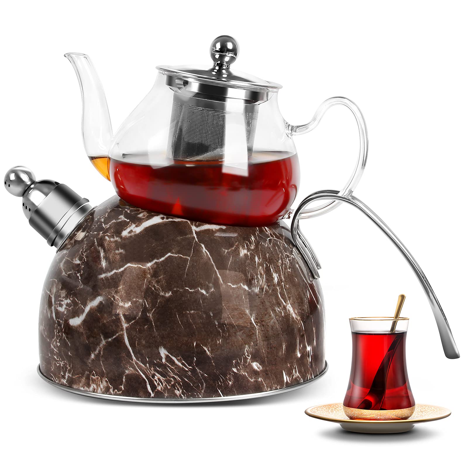 Scheffler Turkish Teapot Set, 0.8 L Glass Teapot + 2.5 L Kettle Induction, Caydanlik, Whistling Teapot Induction, Stainless Steel Tea Maker, Turkish Teapot, Brown Marble