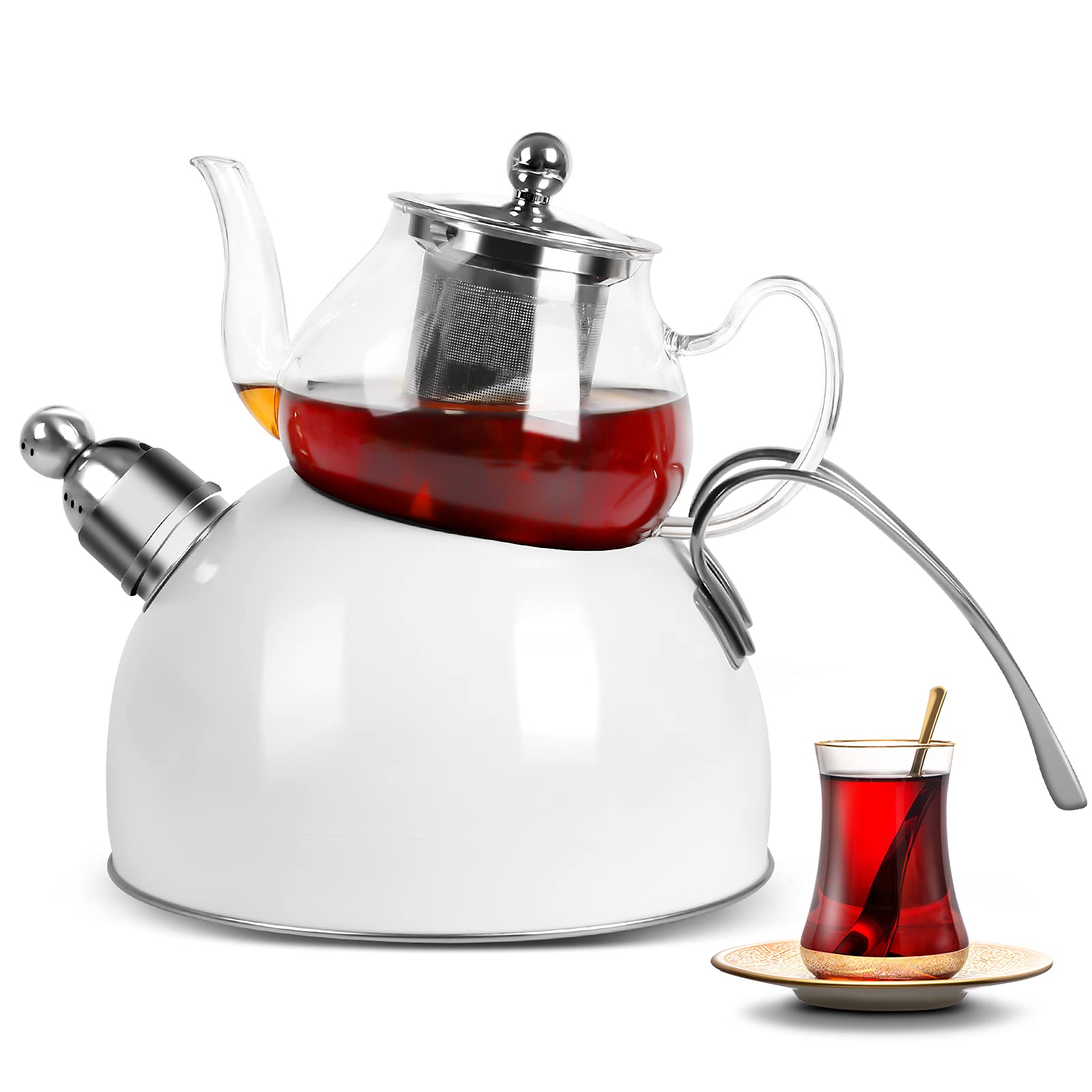 Scheffler Turkish Teapot Set, 0.8 L Glass Teapot + 2.5 L Kettle Induction, Caydanlik, Whistling Teapot Induction, Stainless Steel Tea Maker, Turkish Teapot, White