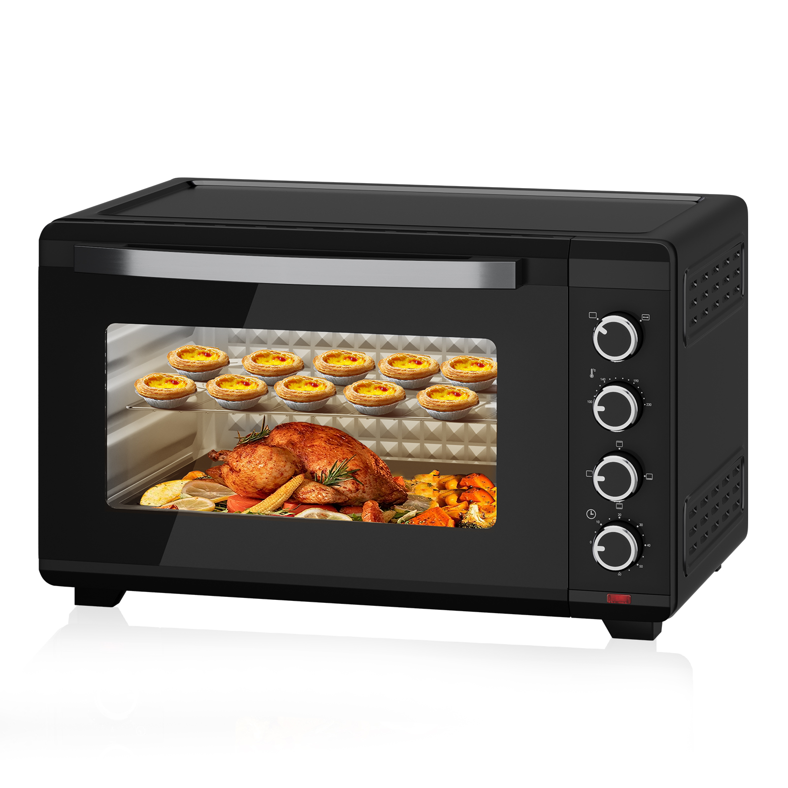 HOMELUX mini oven 60 liters 2000W pizza oven, mini oven with chicken grill, top/bottom heat, 60 min timer, 100°-230°C, stepless temperature control, mini oven Mini Oven Table Oven Black，TG60B4-R