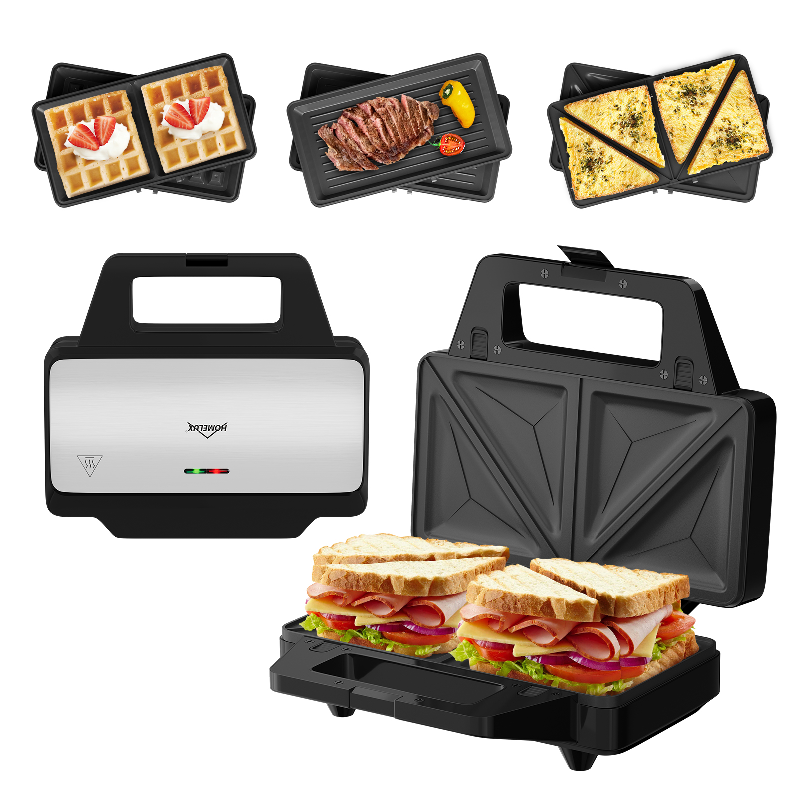 HOMELUX sandwich maker 1000W, sandwich toaster with non-stick coating 3-in-1 waffle iron contact grill quick heating, automatic temperature control, vertical storage， ZM-238B