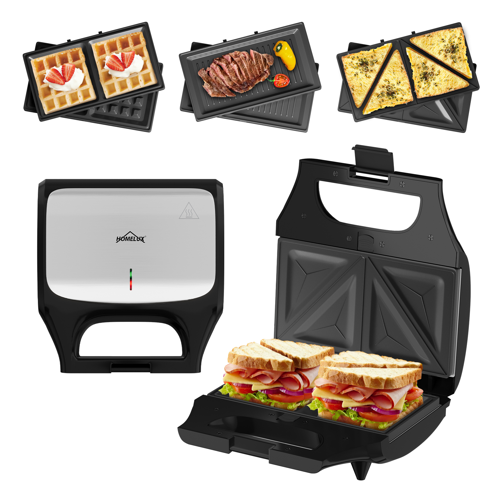 HOMELUX Sandwichmaker 3-in-1 Waffeleisen 800W Kontaktgrill ，ZM-237B