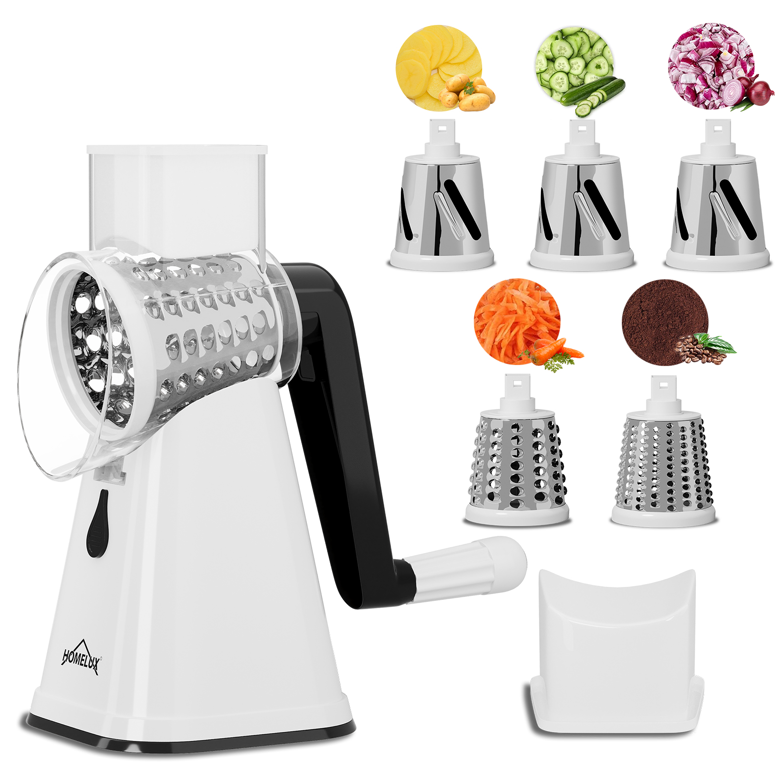 HOMELUX Cheese grater with crank, Vegetable slicer with 3 interchangeable drum blades, Grater kitchen Fast cutting, Drum grater Suitable for vegetables, fruit, etc.  GS076