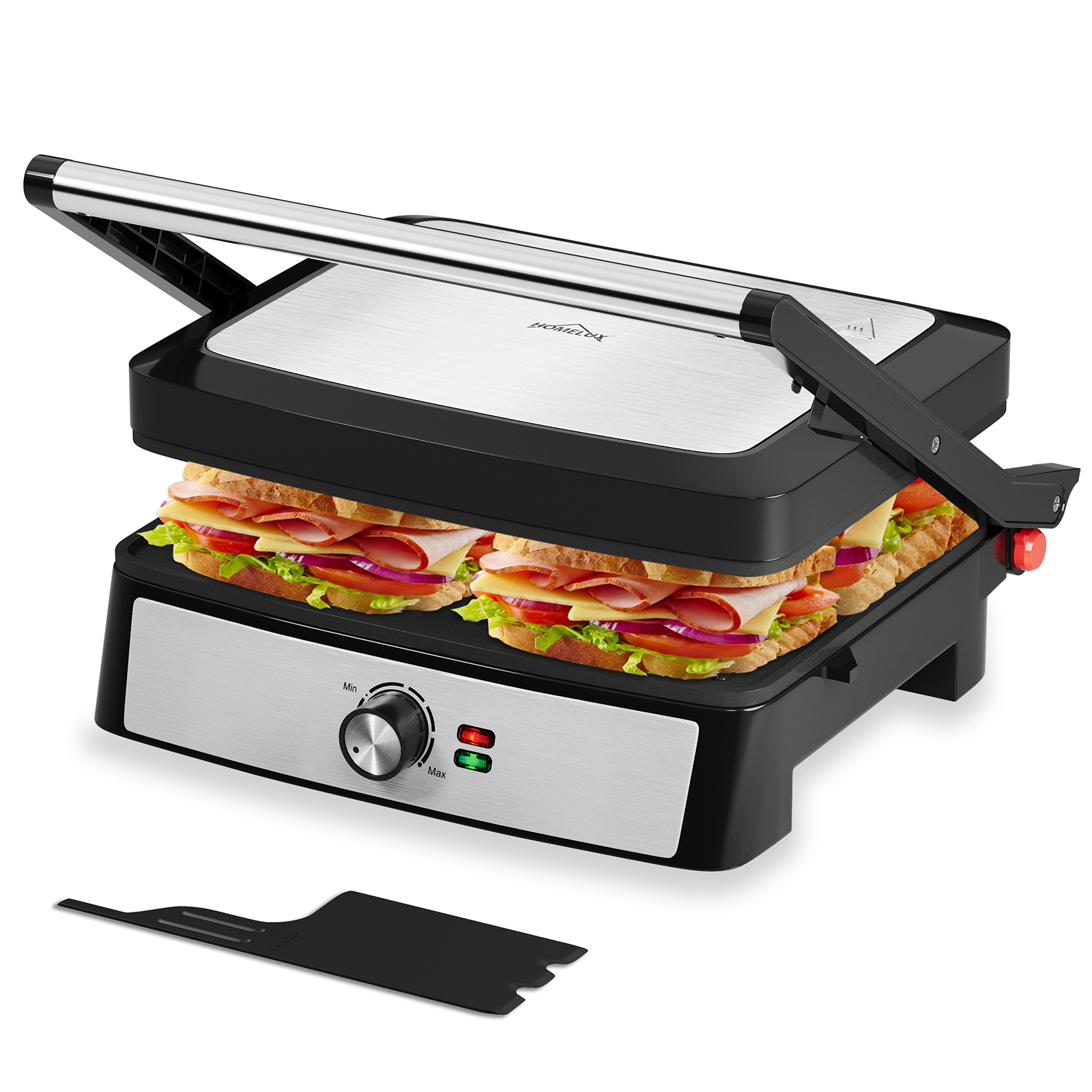 HOMELUX contact grill, sandwich maker and panini grill 2200W, sandwich maker for fat-free grilling, toasties, steak, panini maker with non-stick coated plates 29x23cm, 180° opening, cleaning squeegee,  ZM-906B