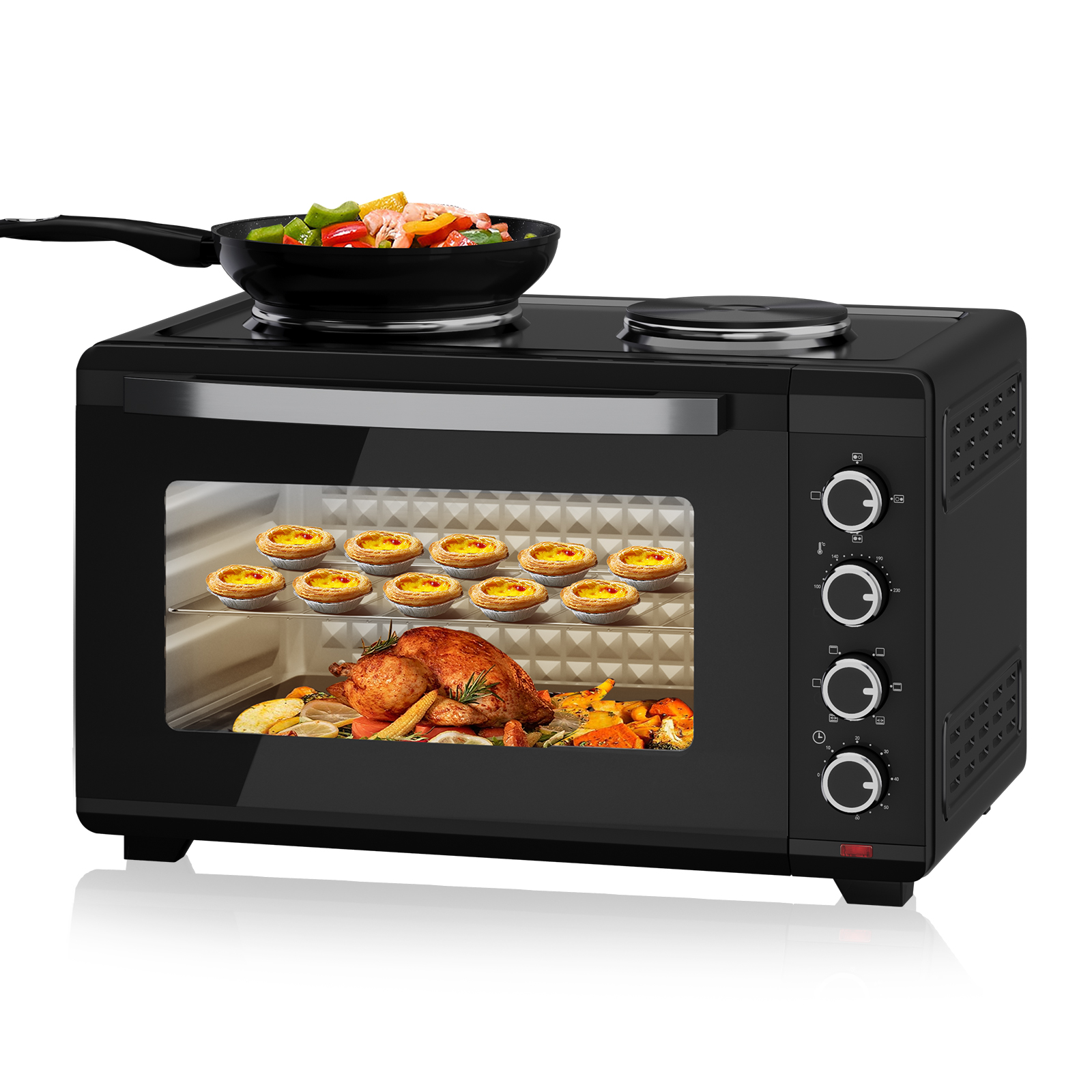 HOMELUX Mini Oven with Hotplates and Chicken Grill, Mini Oven 45L 3600W, Top/Bottom Heat Max 230°C, Mini Oven Suitable for Camping & Small Kitchens, Tabletop Oven Mini Oven Black, TG48B4-RH