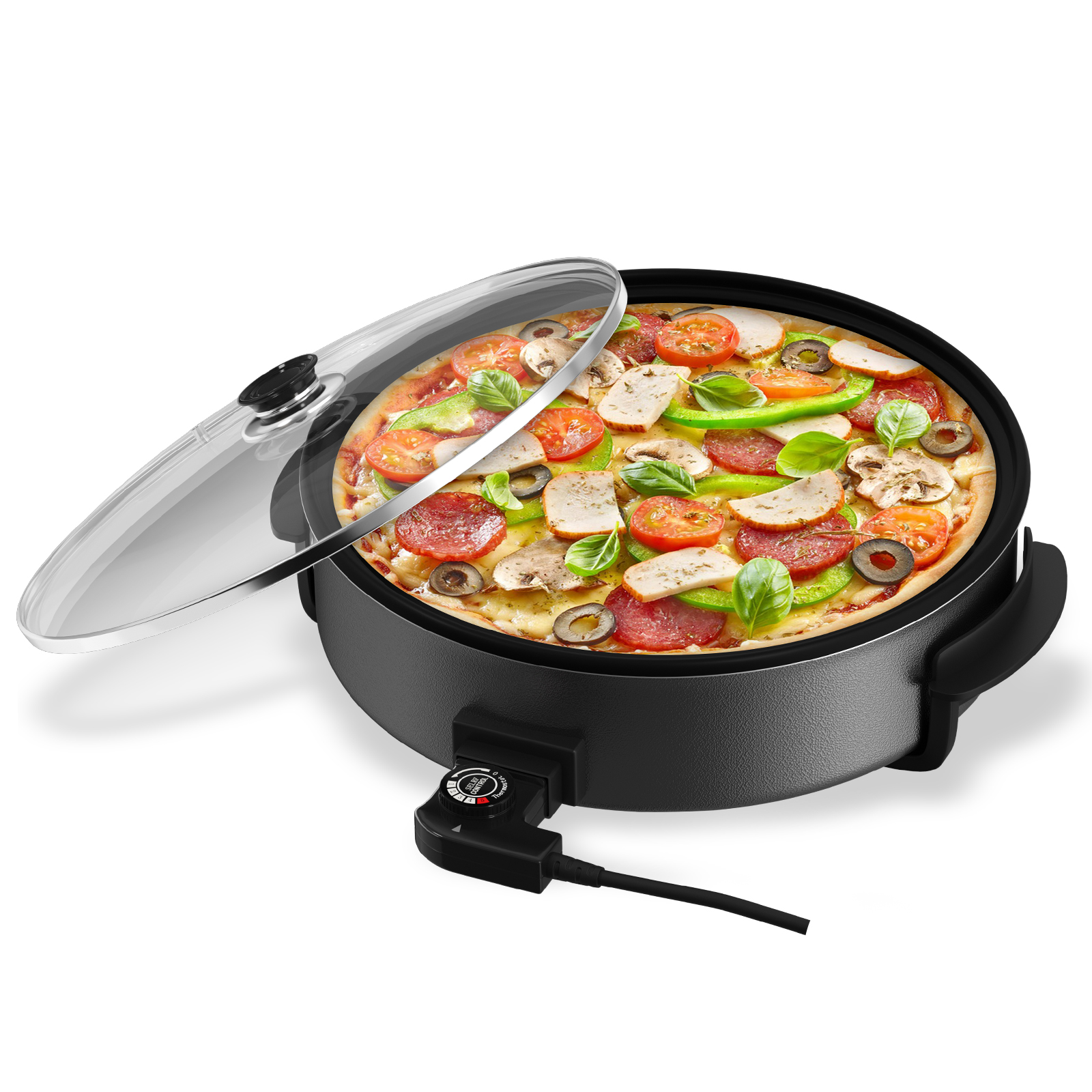 Electric pan Scheffler electric pizza pan 30cm electric pan with lid,multifunctional pan with non-stick coating,5 adjustable temperatures,5L,1500W(EPP-30)