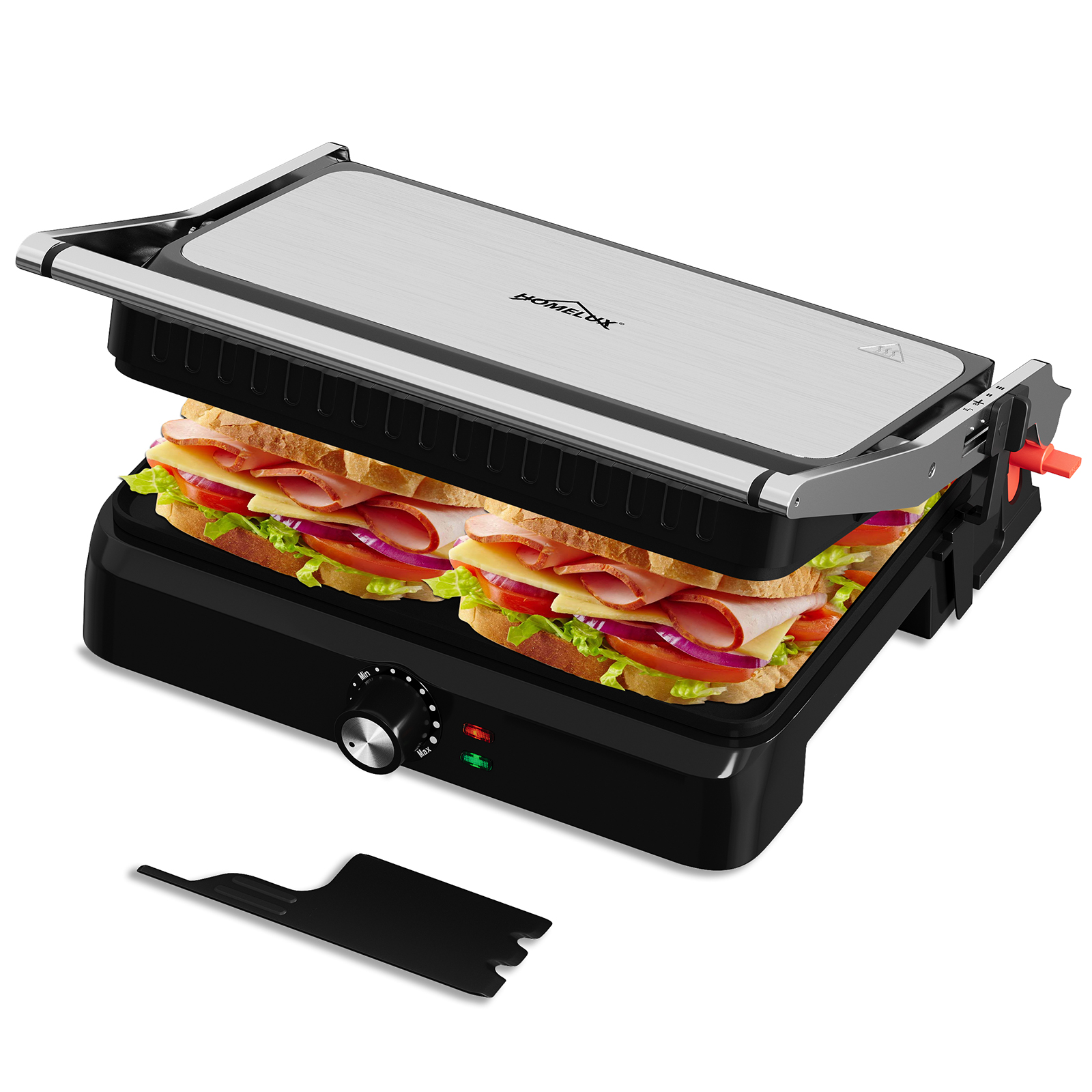 HOMELUX contact grill, sandwich maker, panini grill 2200W, toaster sandwich toaster for fat-free grilling, toasties, with non-stick coated plates 34x23cm, 180° opening, 3 fixed heights, cleaning squeegee，ZM-909B