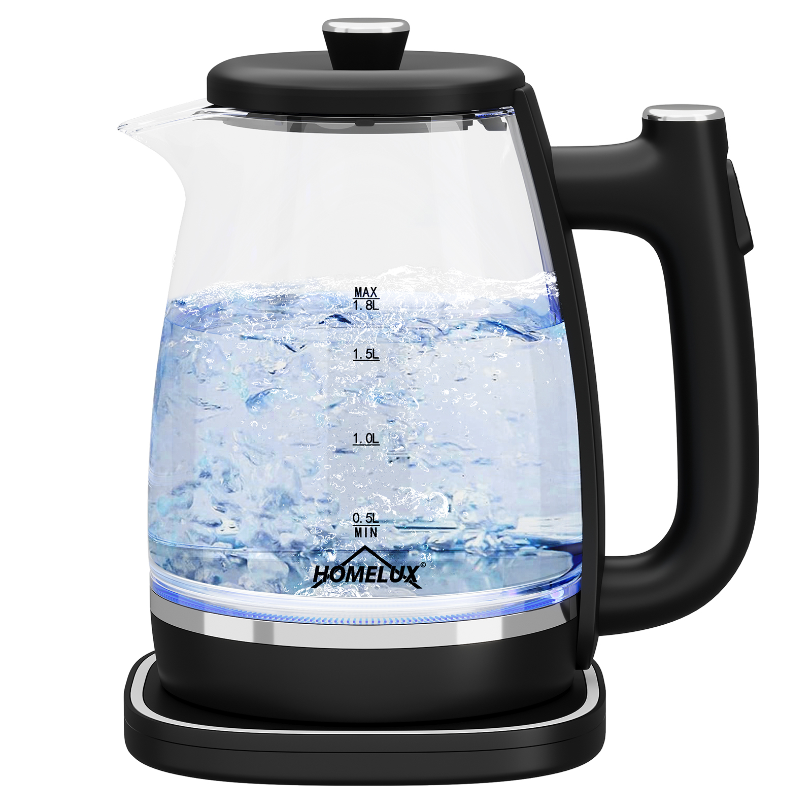 HOMELUX Wasserkocher Glas, 1,8L Wasserkocher Mit Blau LED, Elektrischer Wasserkocher, BPA-frei, Verdicktes Borosilikatglas Auto-Off, 360° Sockel Trockenaufschutz 1800 Watt Schnelles Aufheizen, Schwarz，ZY-305