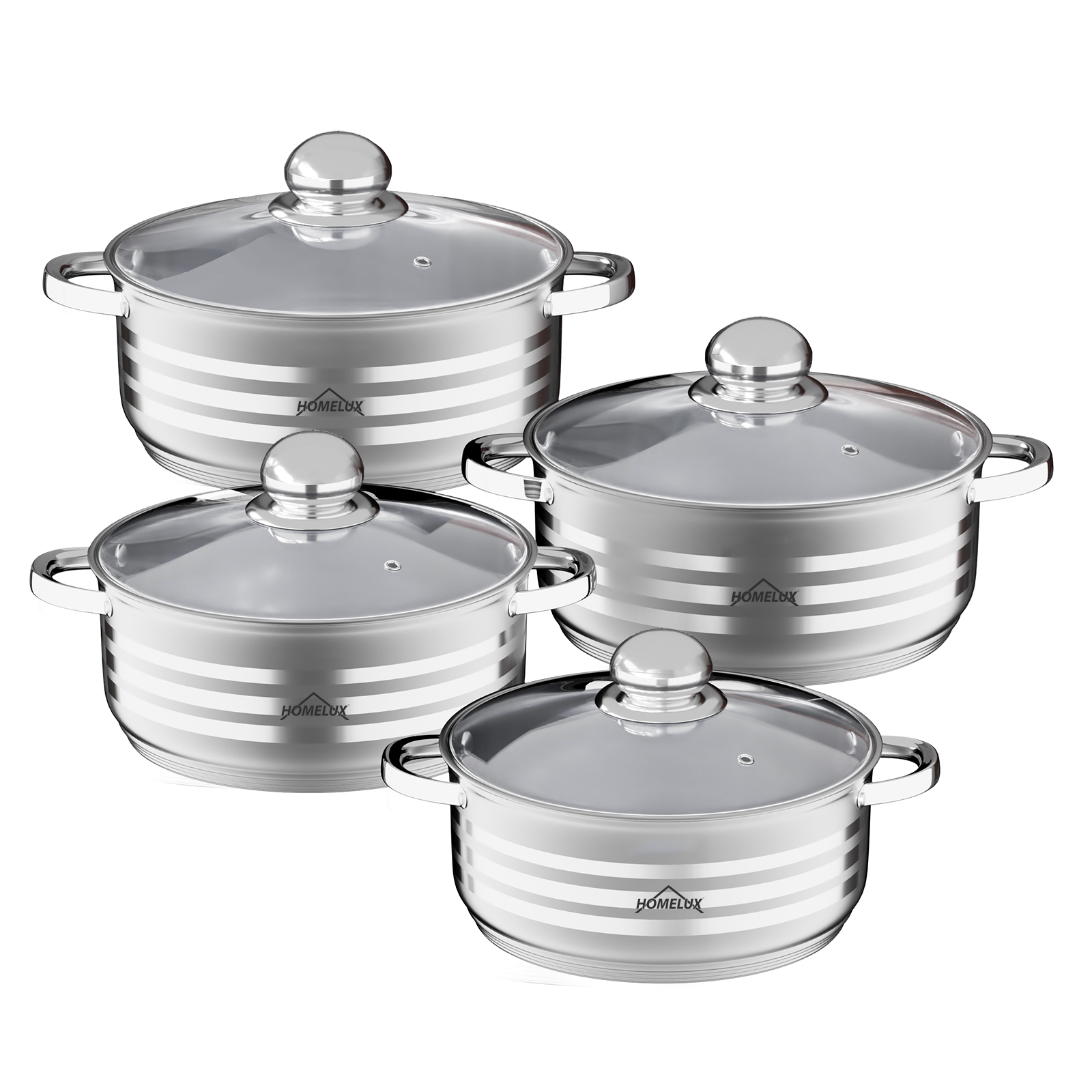 Homelux induction stainless steel saucepan set 8-piece with glass lid for all hob types，HL-8SLOW