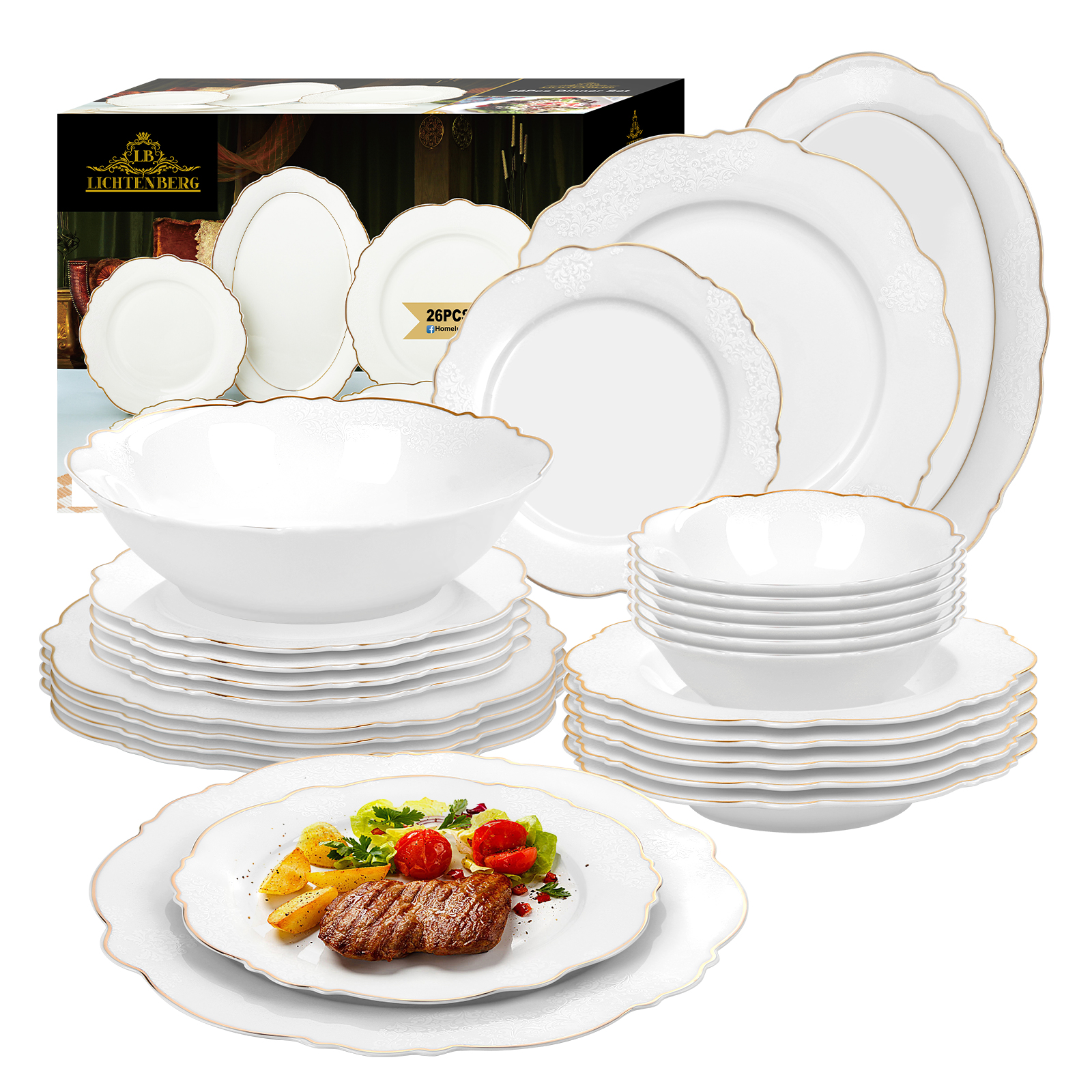 26PCS DINNER SET, FULL DECAL WITH GOLD, EDGE SHAPE ，LB-26DS2990