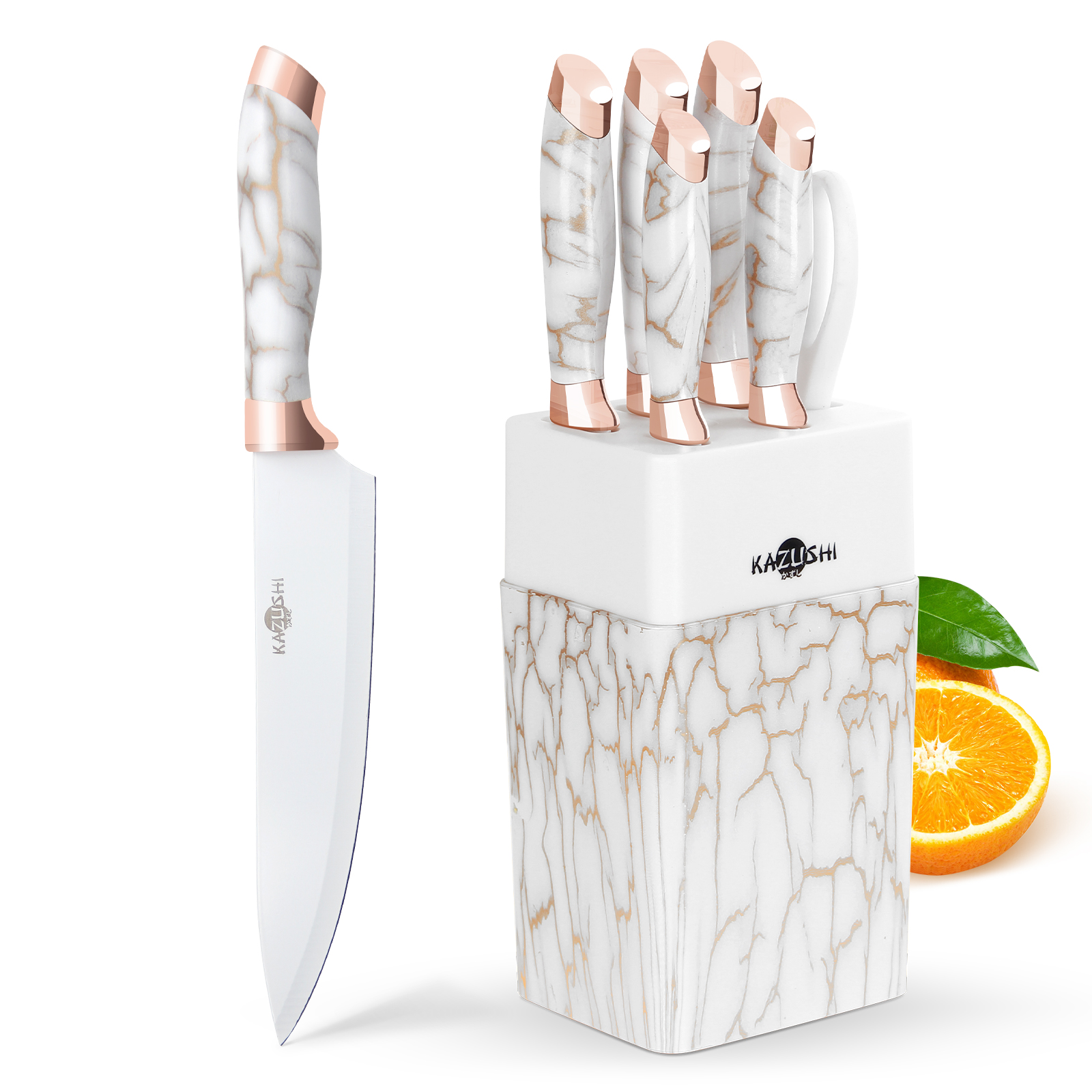 KAZUSHI knife block with knife 7-piece, self-sharpening, white sharp kitchen knives, professional knife set with block, stainless steel knife set (KA-KN71)